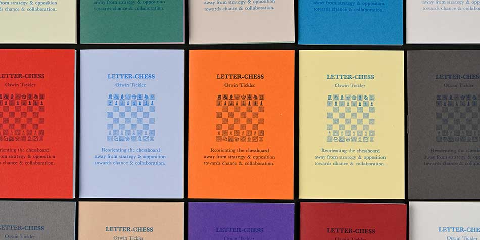 Some of the covers for the letter-chess publication, random colours of Colorplan paper from GF Smith