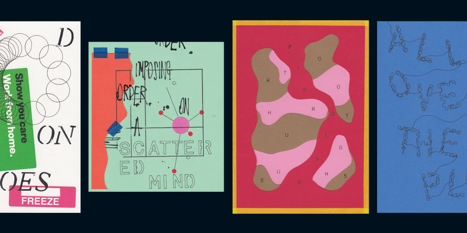 a sample of four of the daily artworks from the In Isolation series that use a combination of off cuts of paper, stickers, stencils, ink and mark making to communicate responses to that day