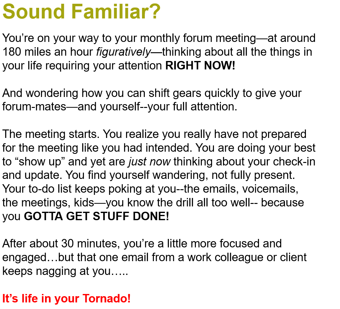 From Life's Tornado to Presence in Forum