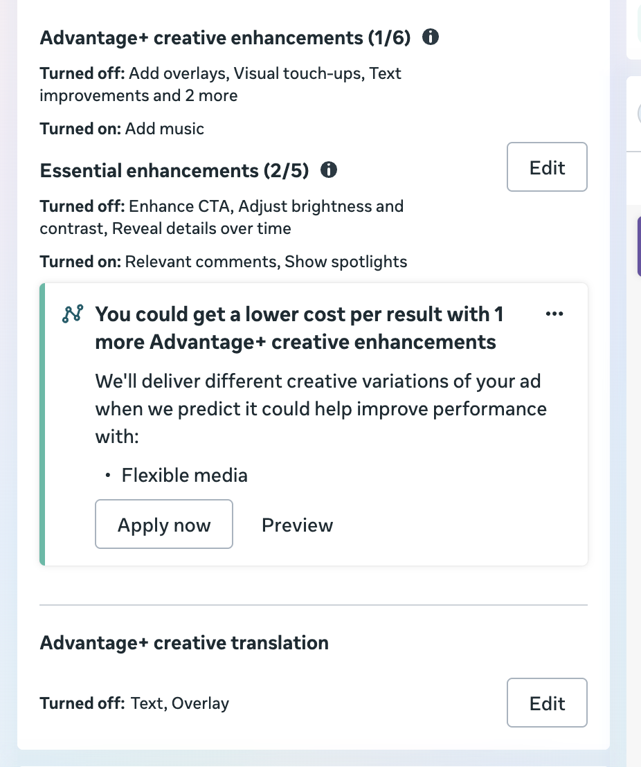 Advantage+ creative enhancements