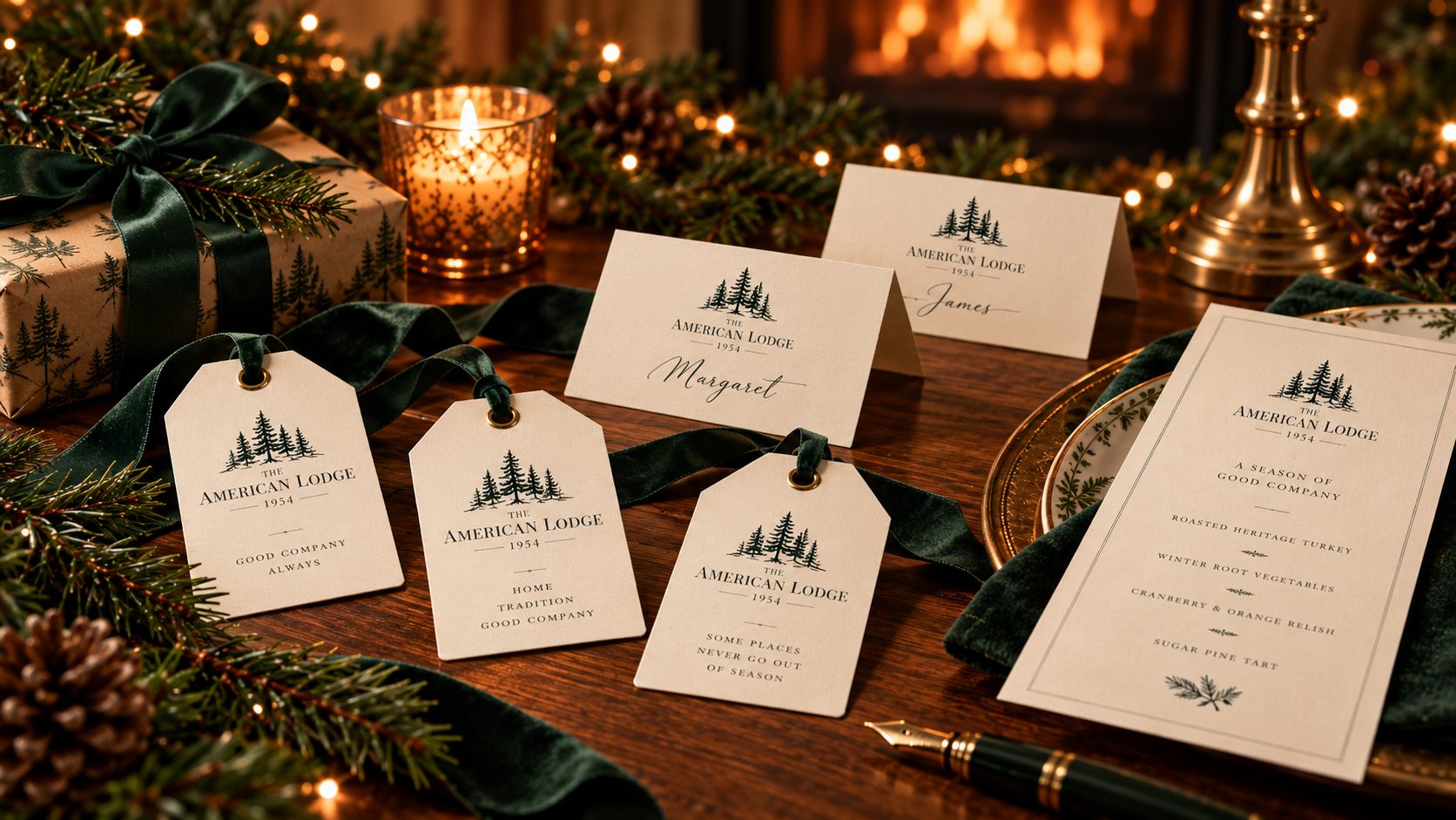 The American Lodge 1954 holiday table with branded gift tags, place cards, menu, evergreen, and green velvet ribbon