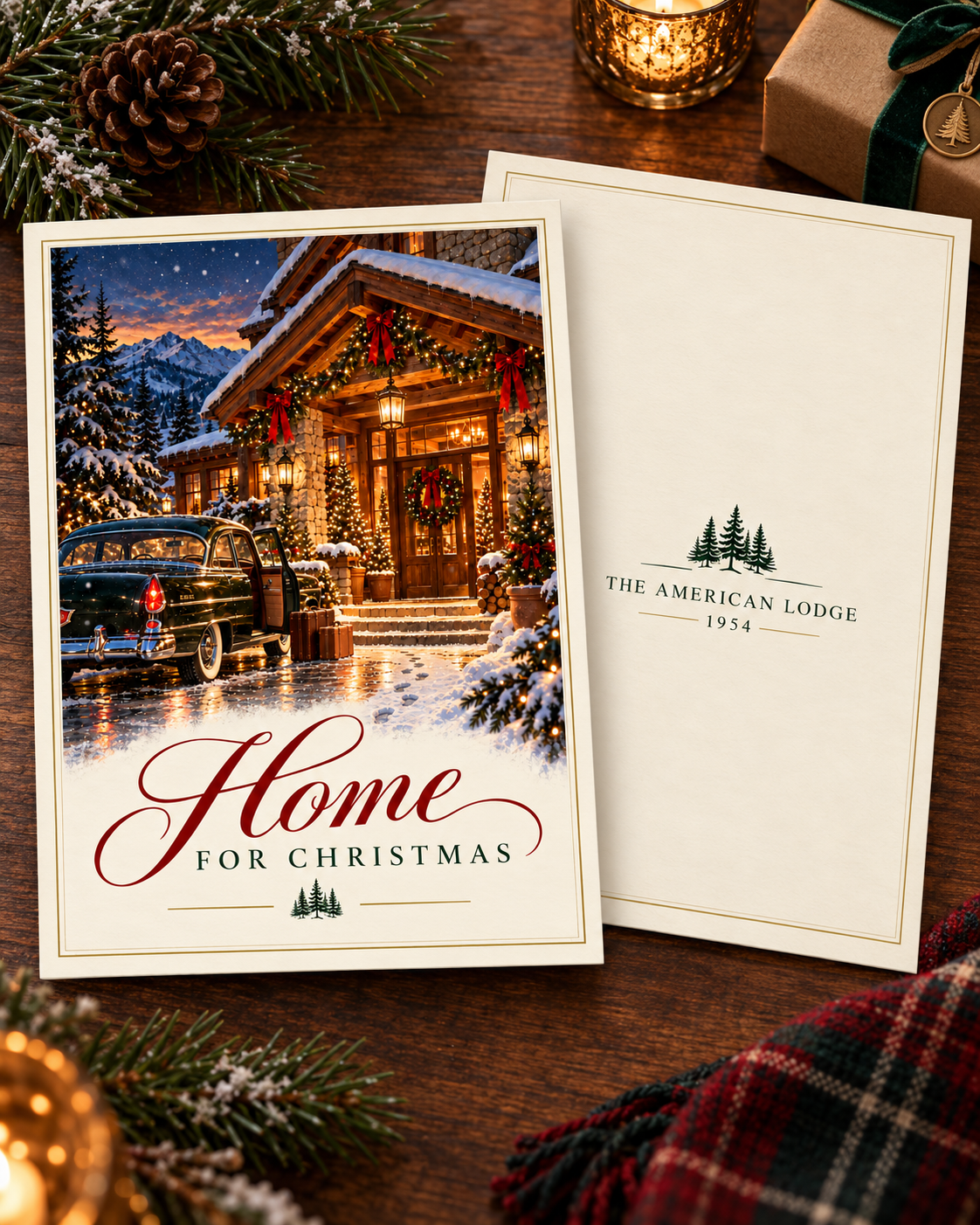 Home for Christmas card front and branded back from The American Lodge 1954