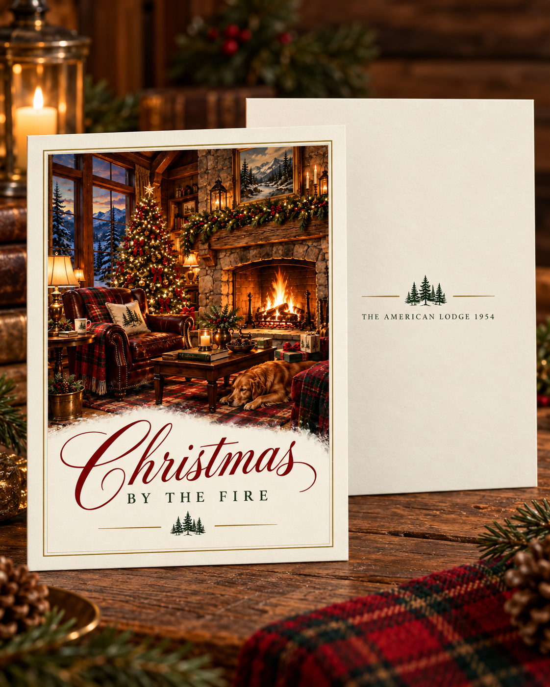 Christmas by the Fire card front and branded back from The American Lodge 1954