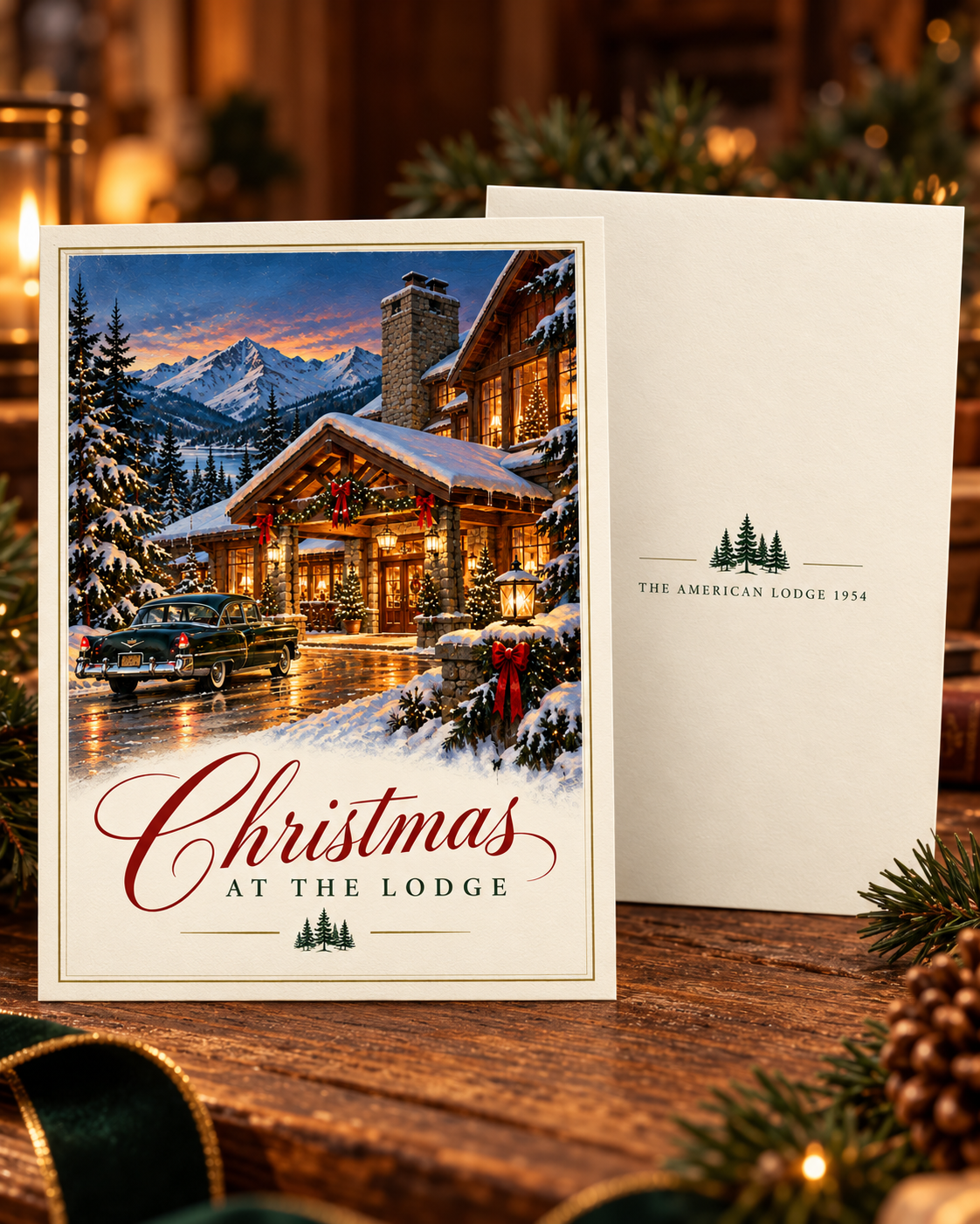 Christmas at the Lodge card front and branded back from The American Lodge 1954
