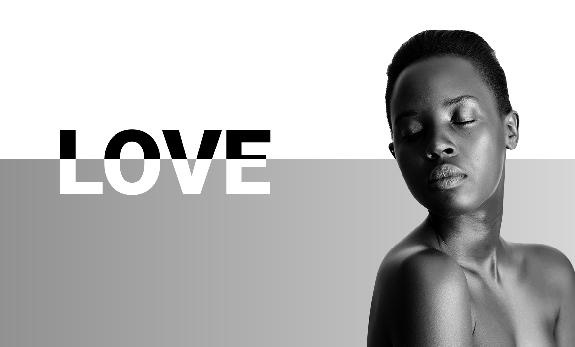 A transparent graphic with a female model and the word love. 