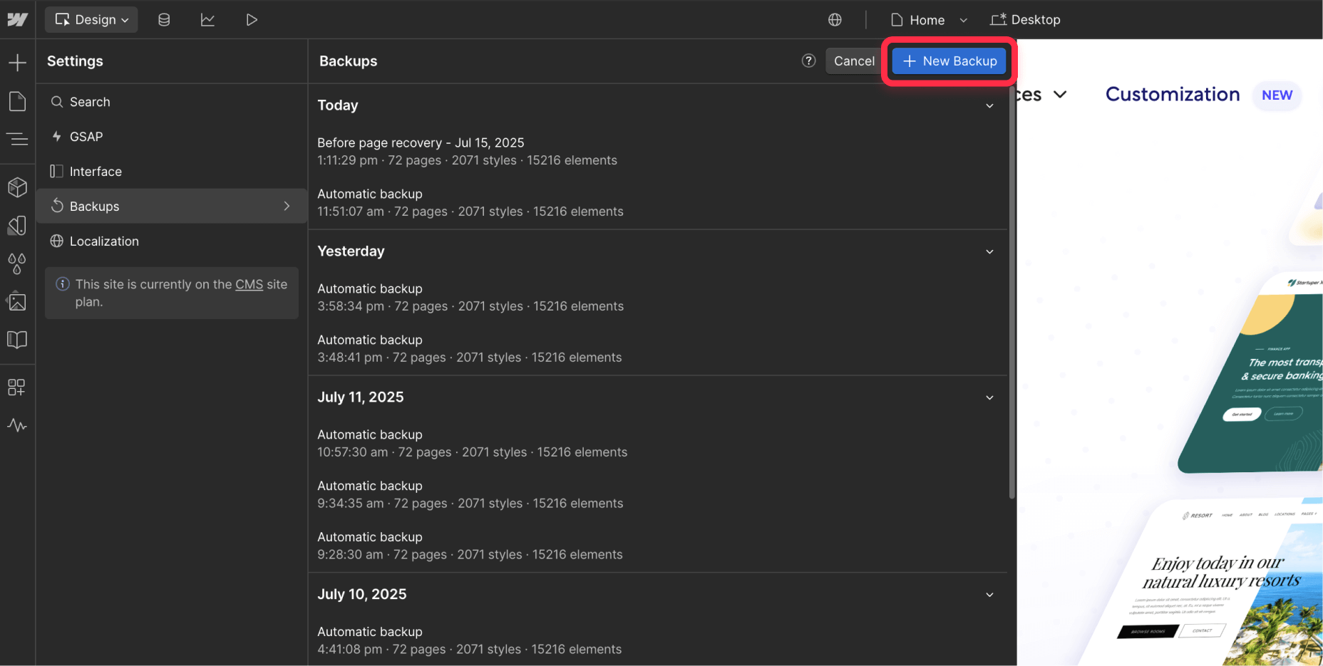 ⁠Create Webflow backup before restoring