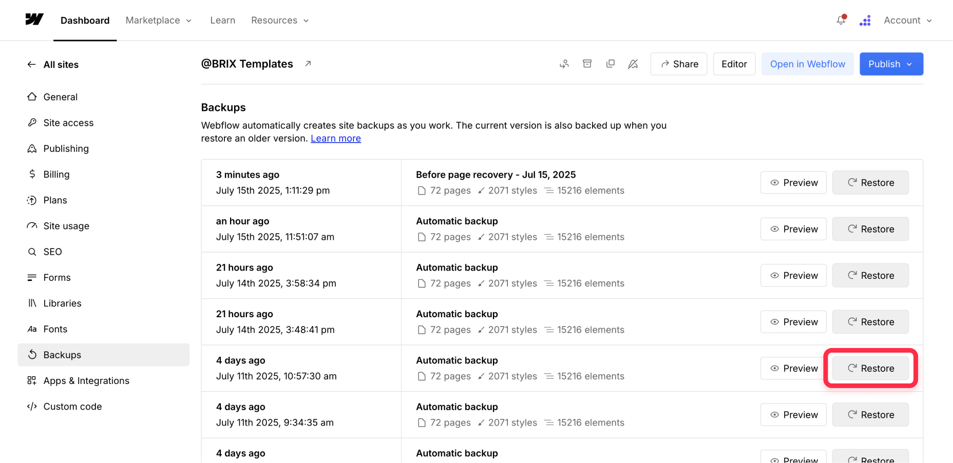 ⁠Restore old Webflow project to copy and paste page