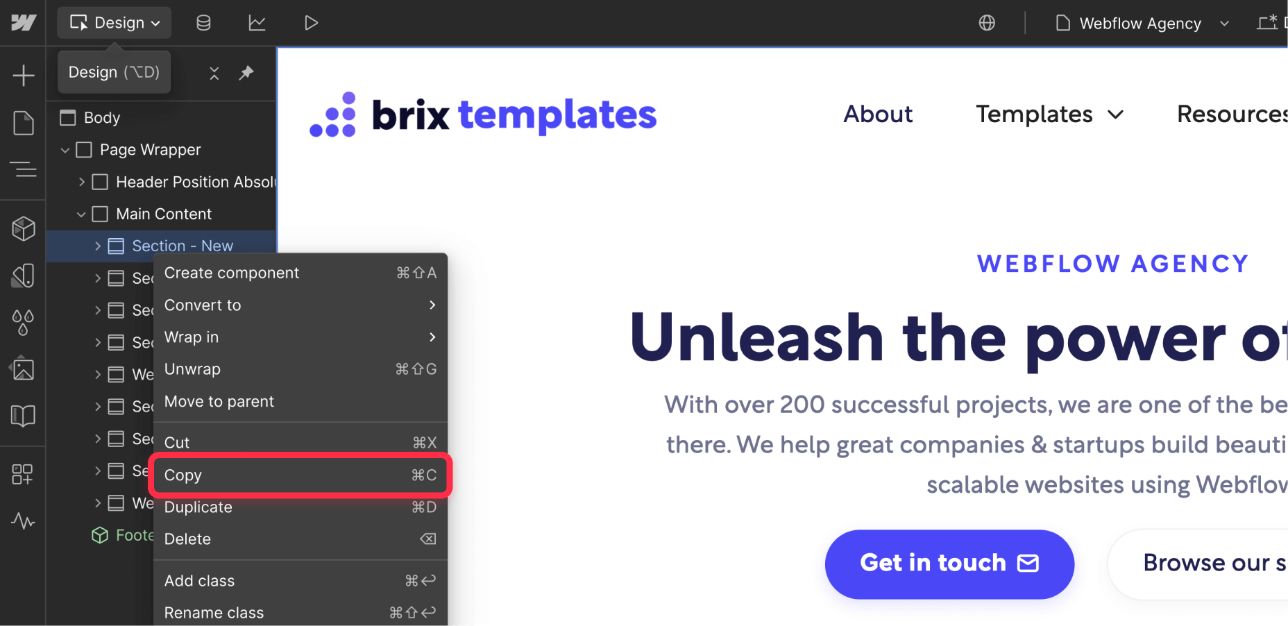 ⁠Copy section to restore on Webflow backup project
