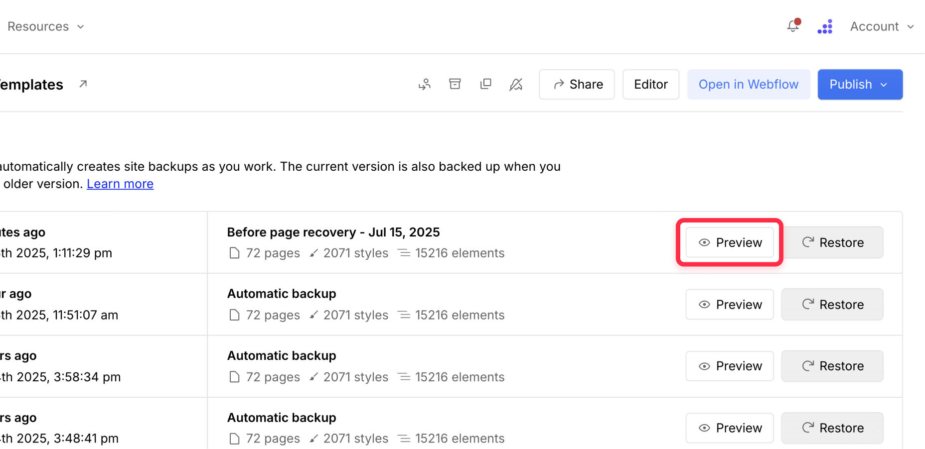 ⁠Preview Webflow backup