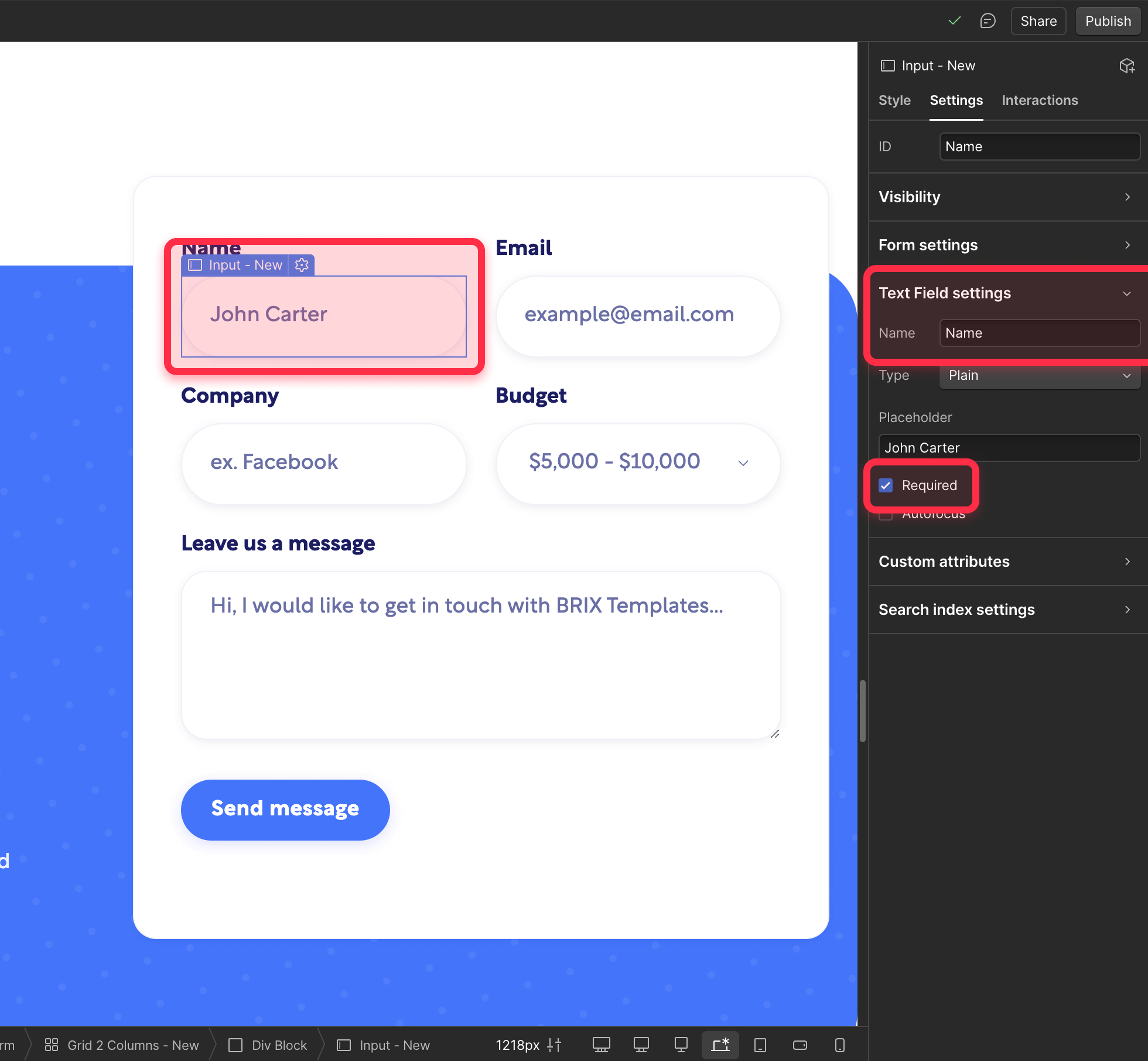 ⁠Configure Webflow form fields for custom success message