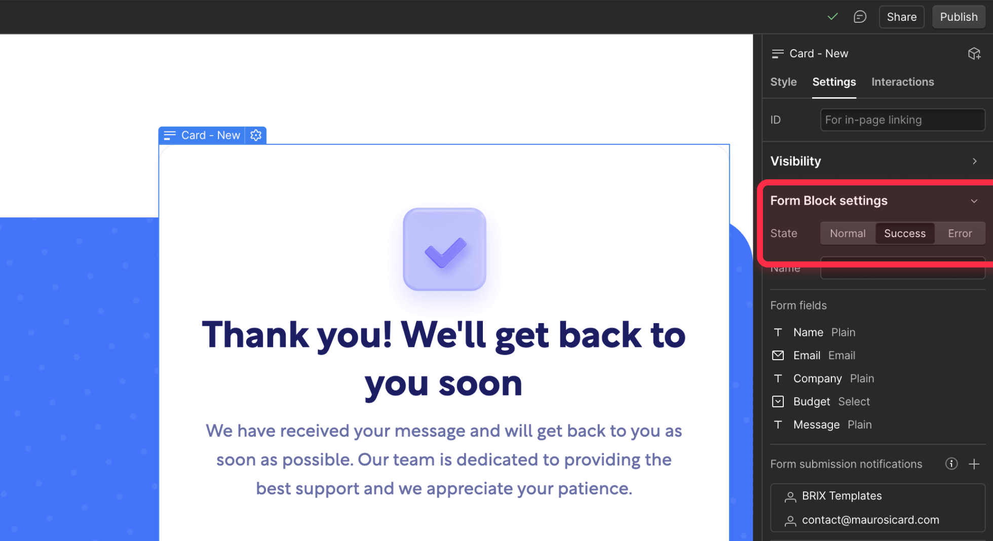 ⁠Edit Webflow form success state