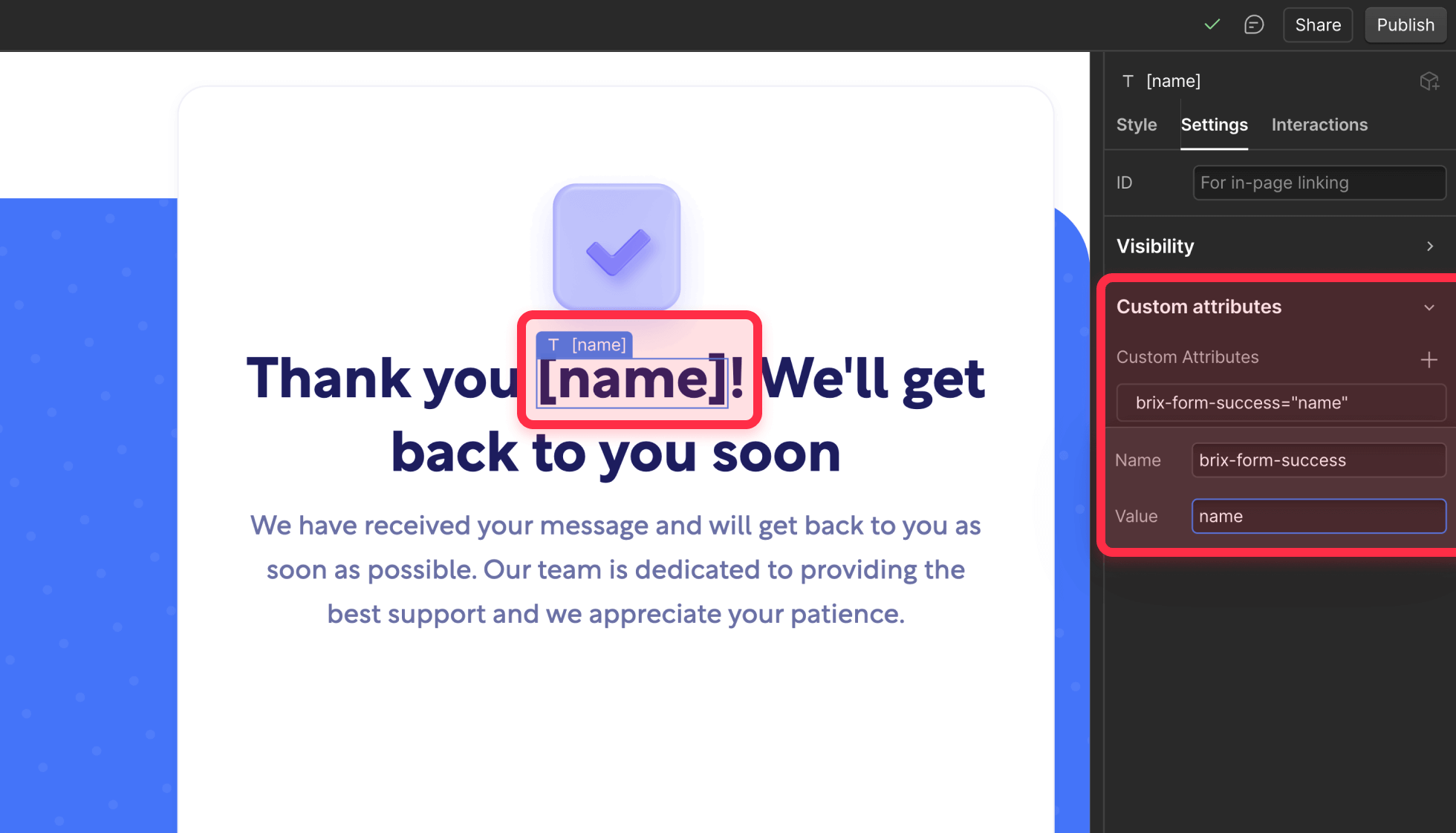 Configure Brix form success attribute to personalize form success state