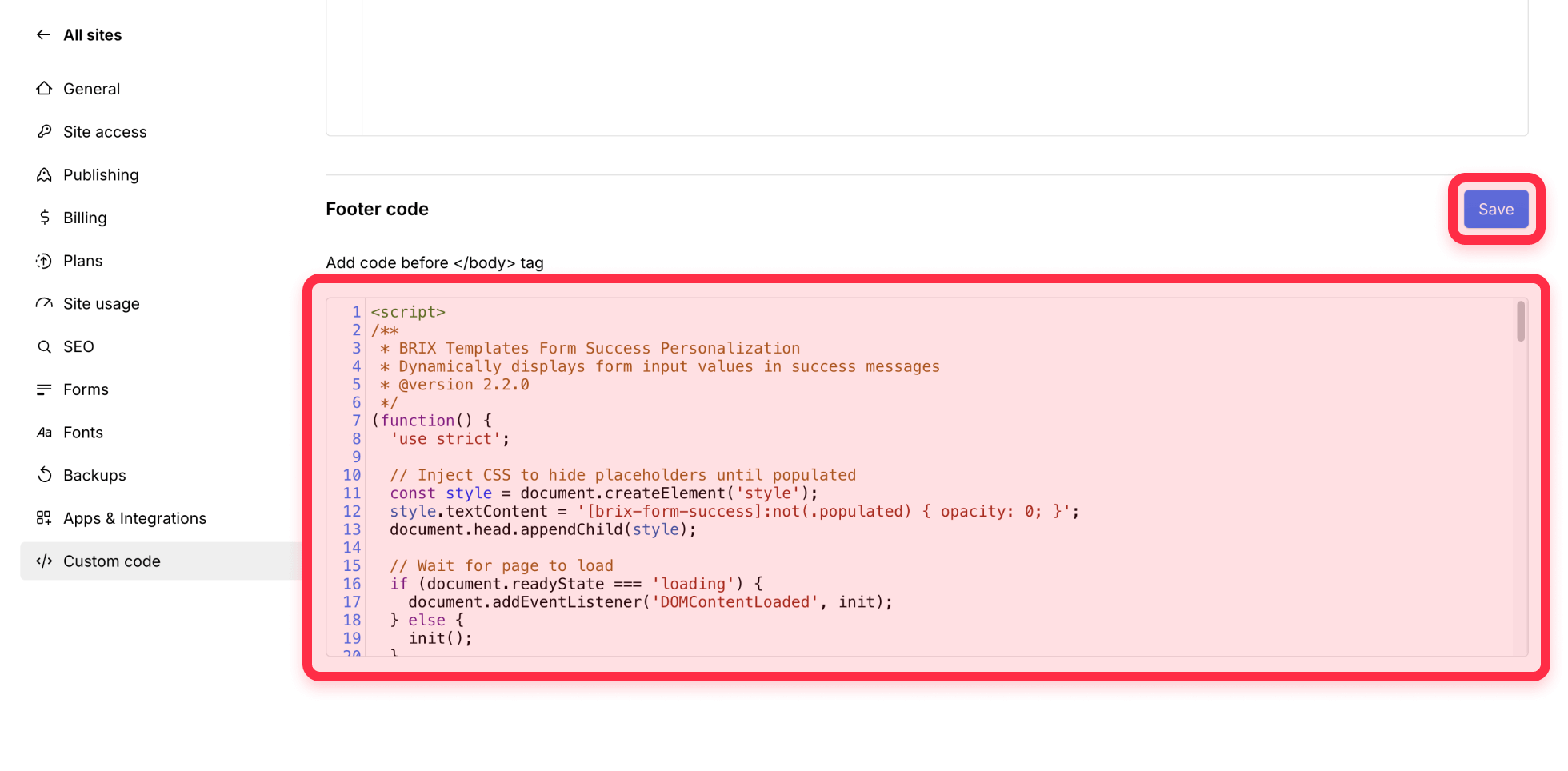 ⁠Add BRIX Templates Webflow form success personalization script
