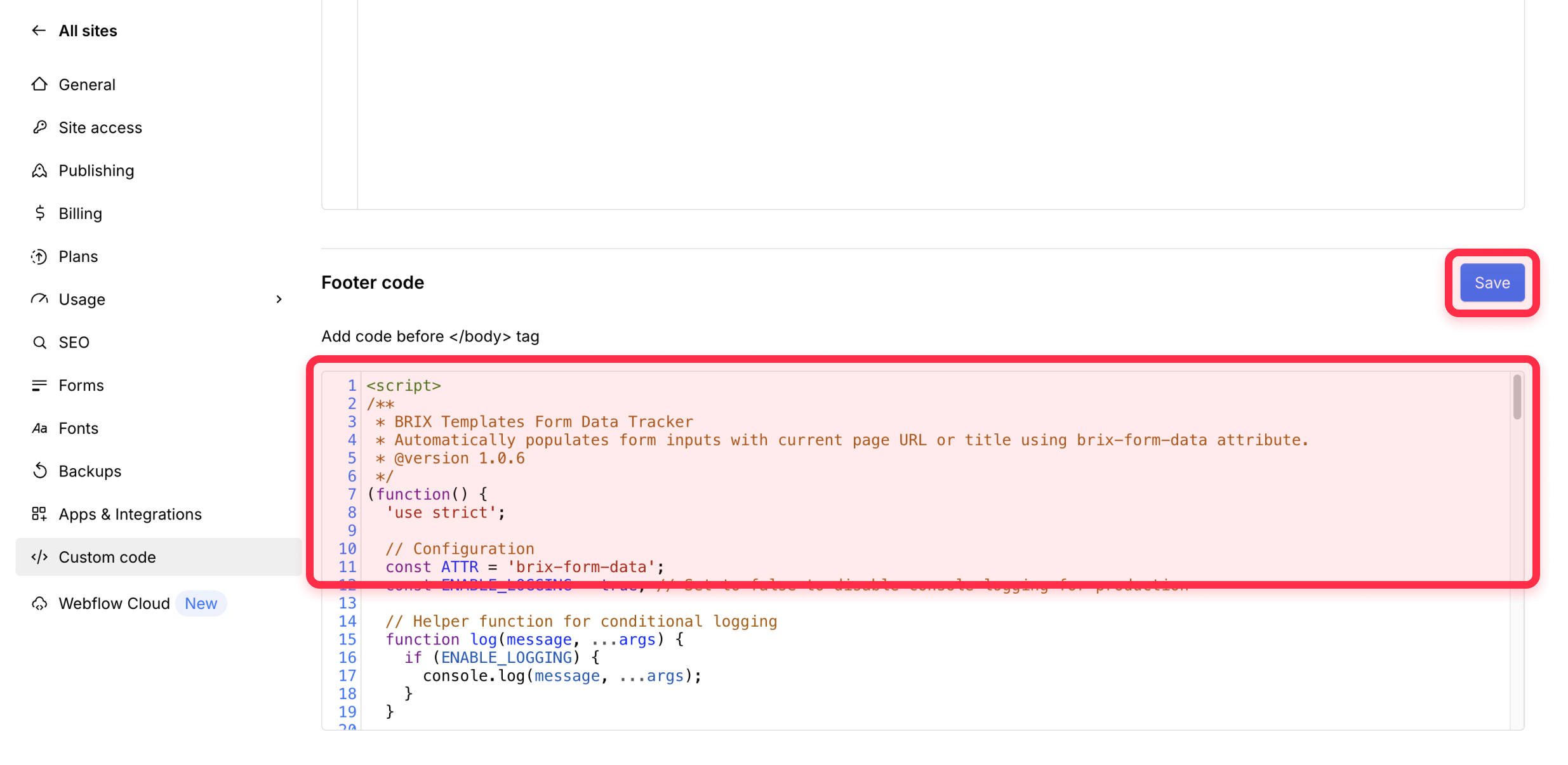 ⁠Add Webflow script to get page URL logged in Webflow forms