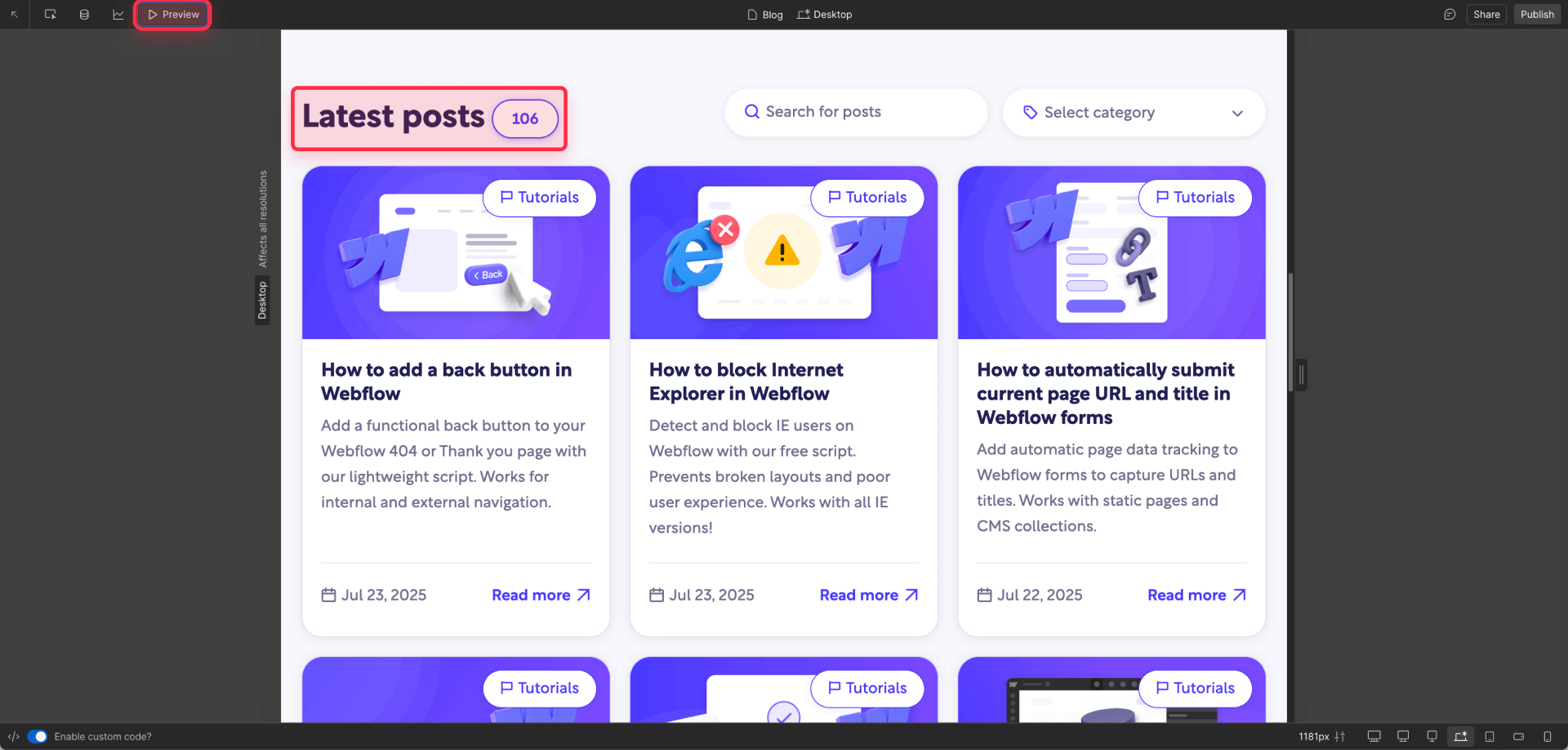 Preview CMS Counting Attribute In Webflow Preview