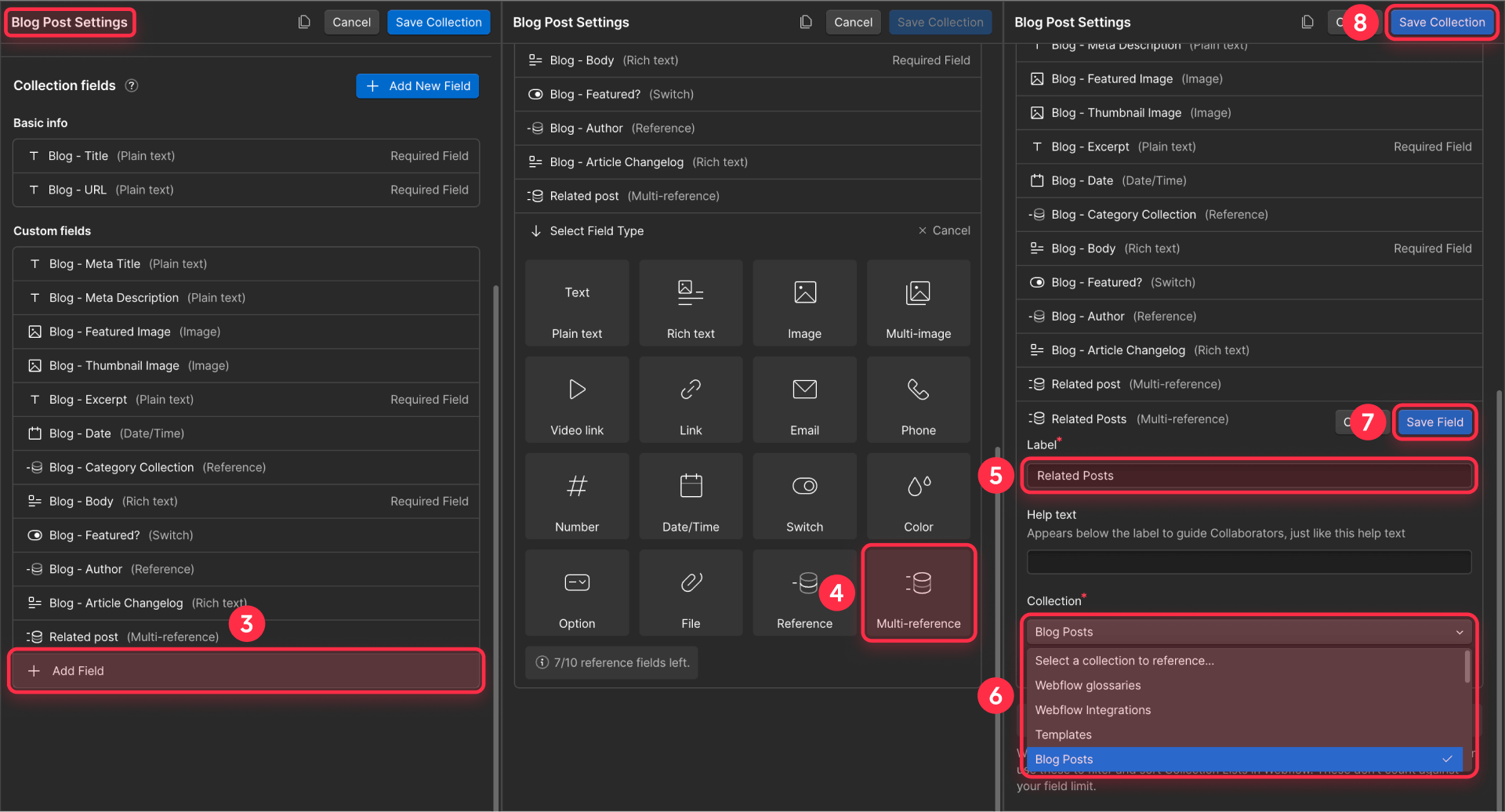 How to add related posts field Webflow CMS