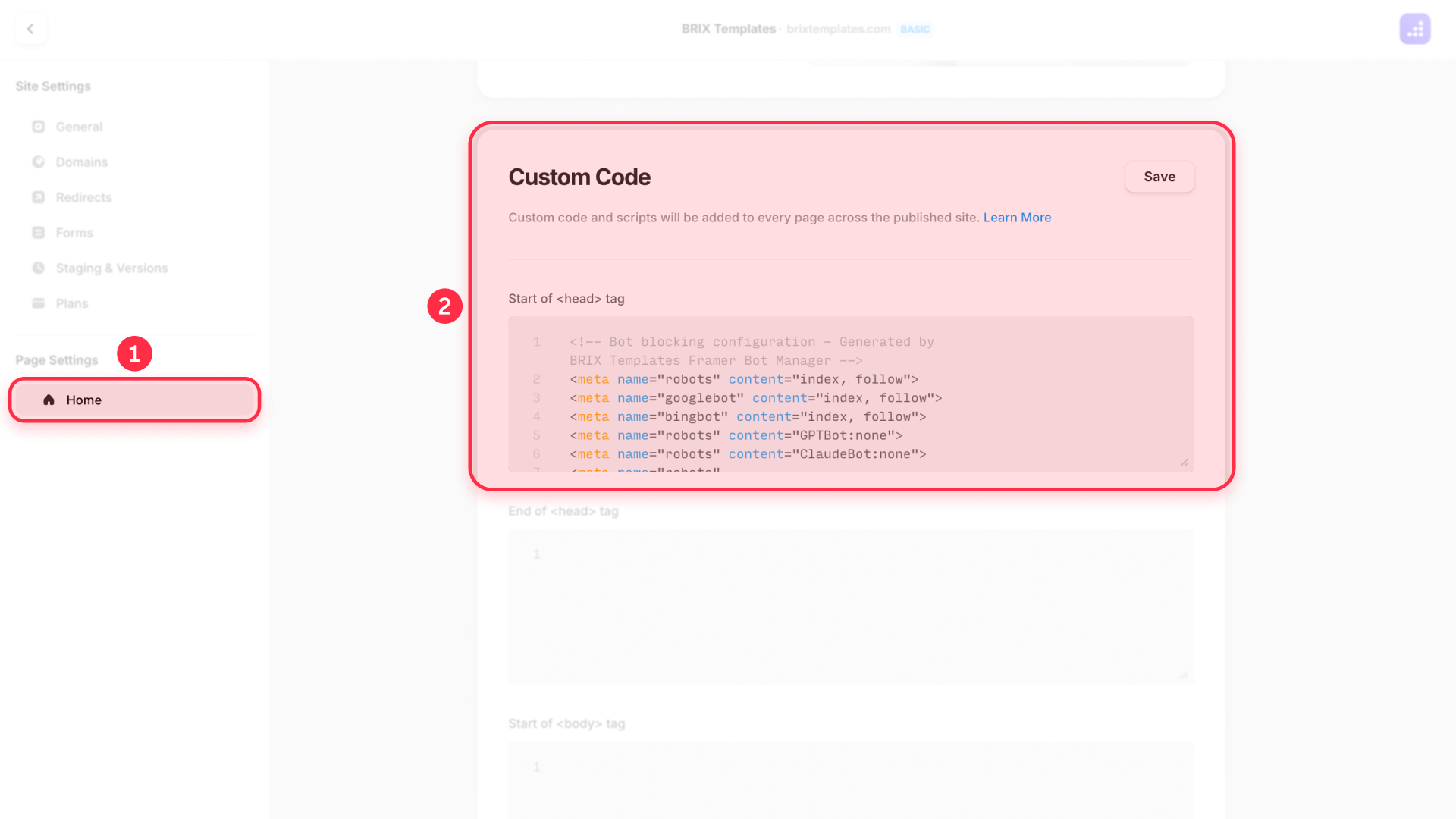 How to block bots on a single Framer page with meta tags
