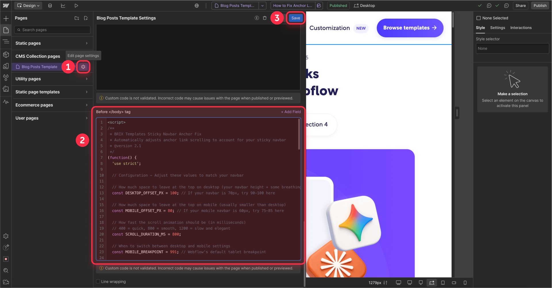 How to fix anchors on a Webflow template page