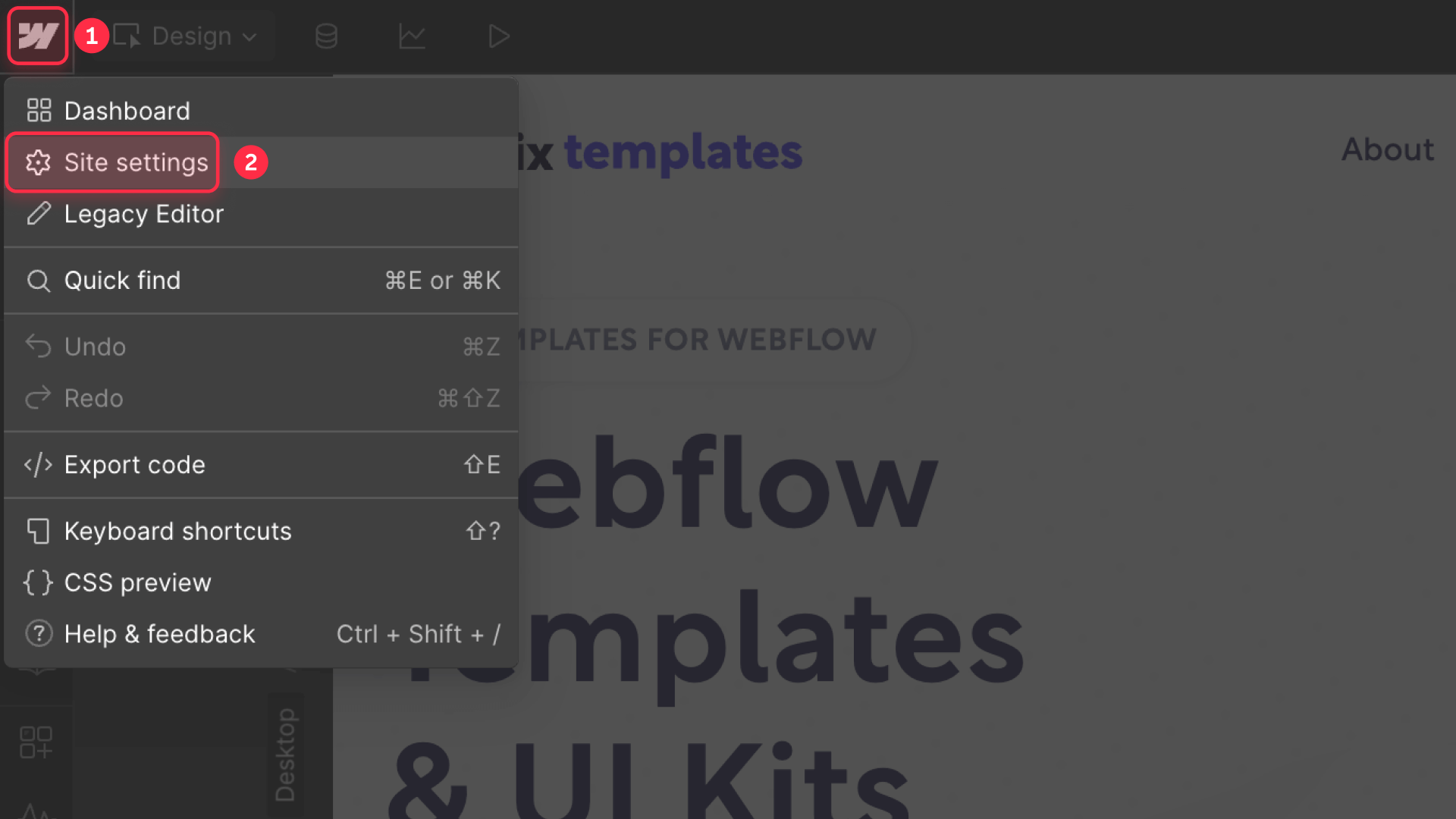 How to access Webflow site settings Organization schema