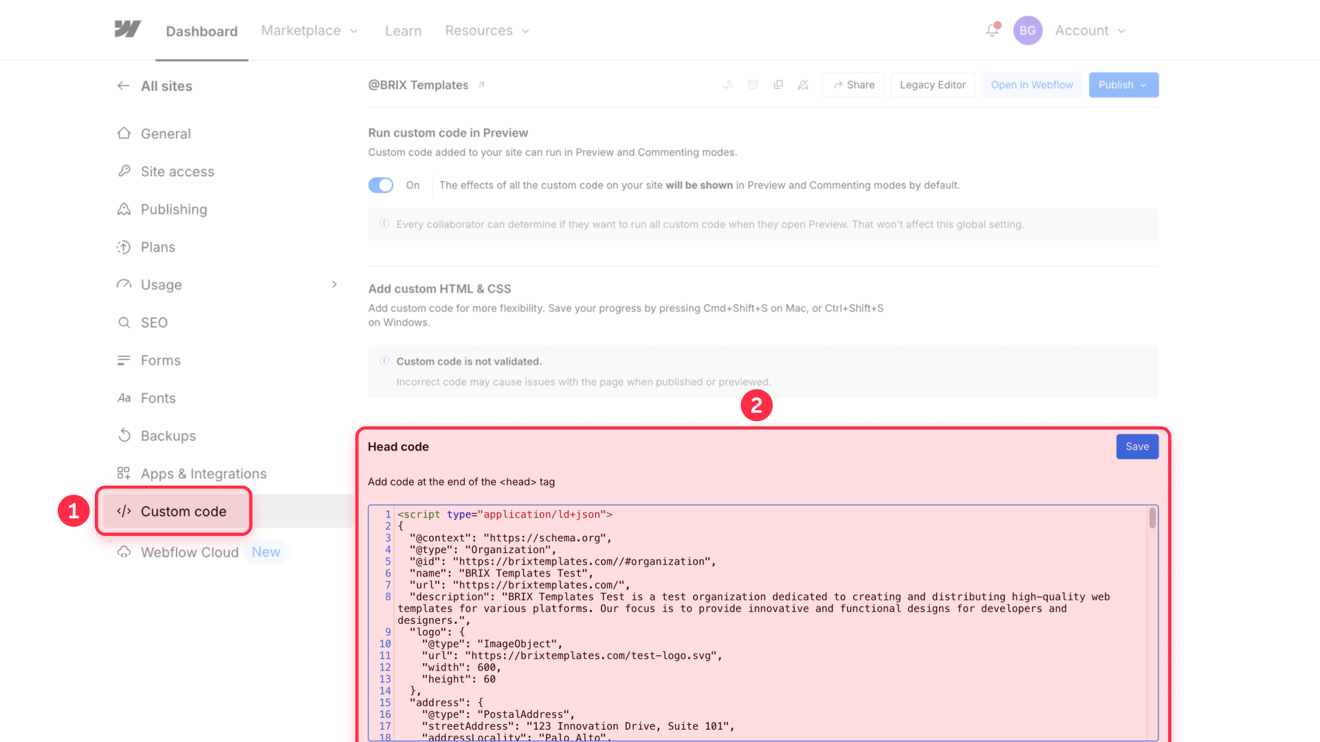 How to implement Organization schema code Webflow head