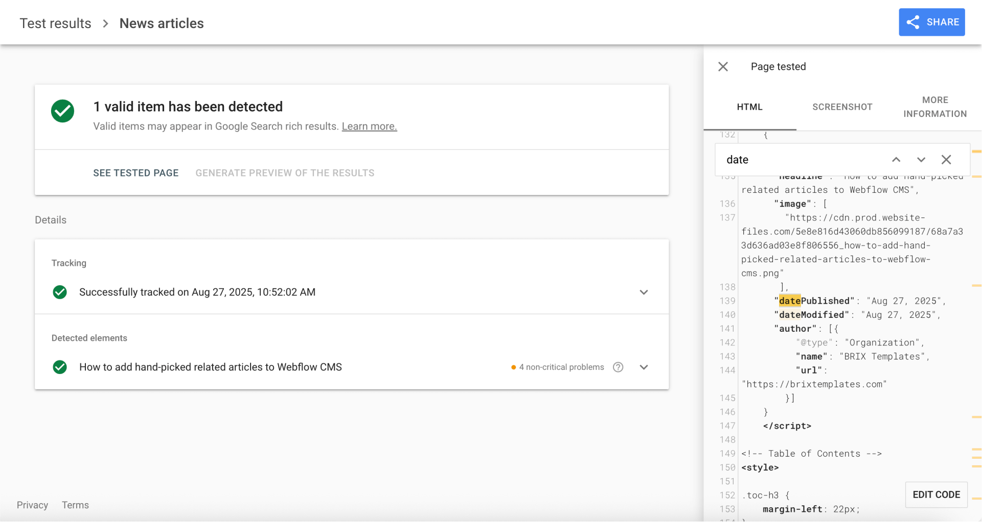 Webflow blog schema validation Rich Results Test