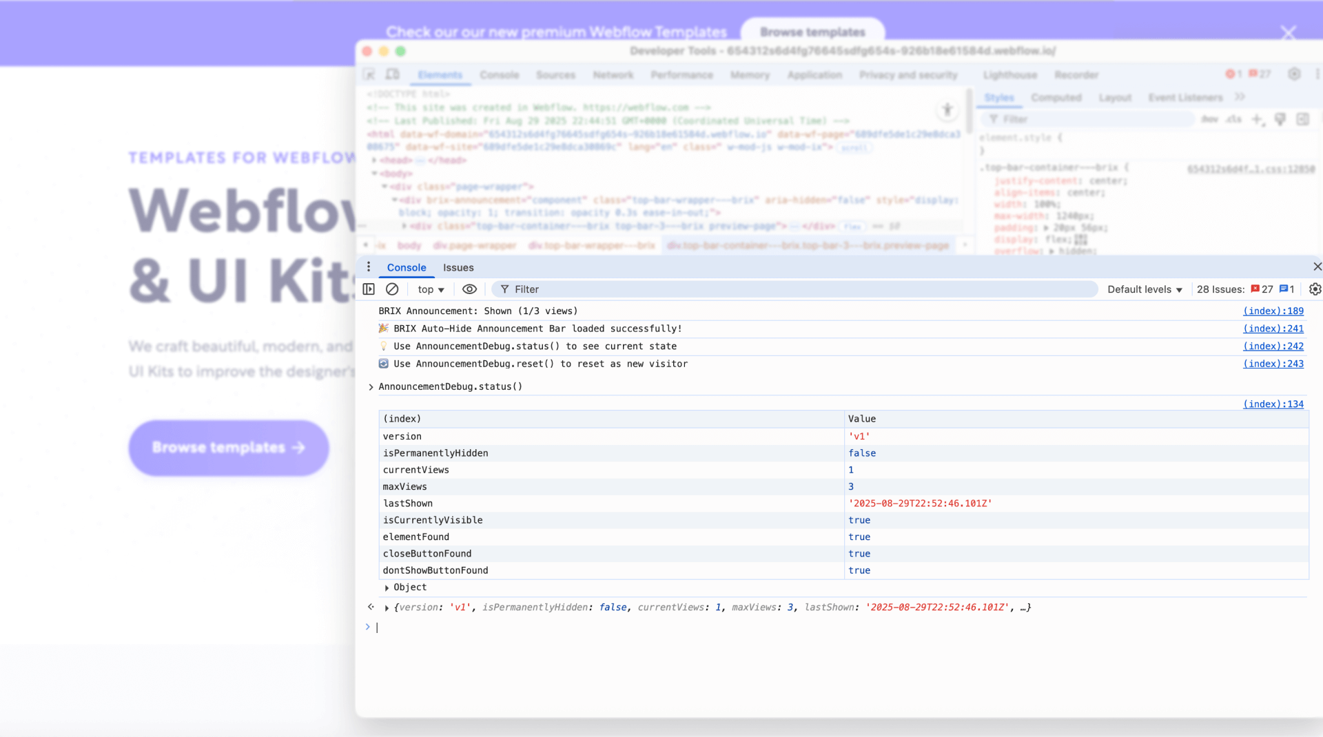 How to test your announcement bar in Webflow console