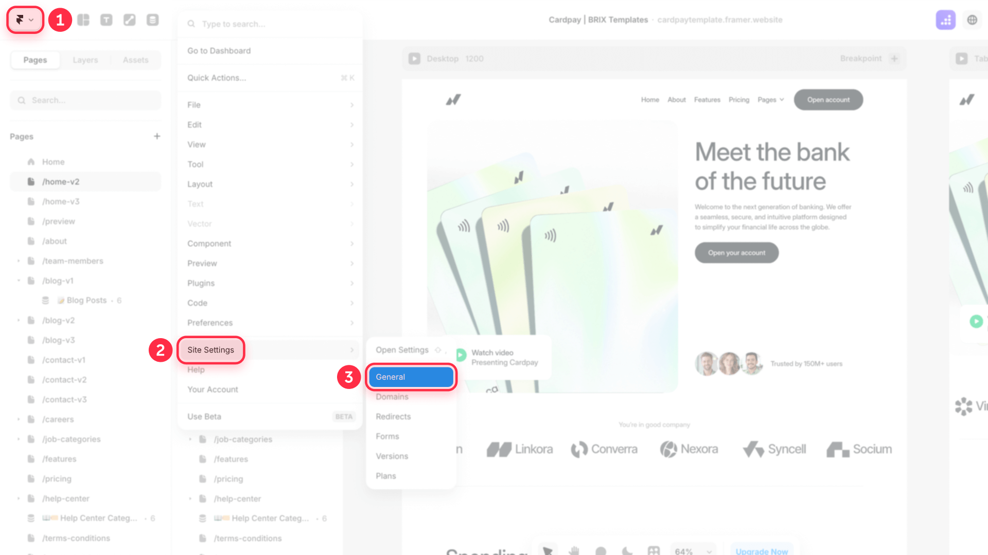 How to access Framer site settings to unindex pages