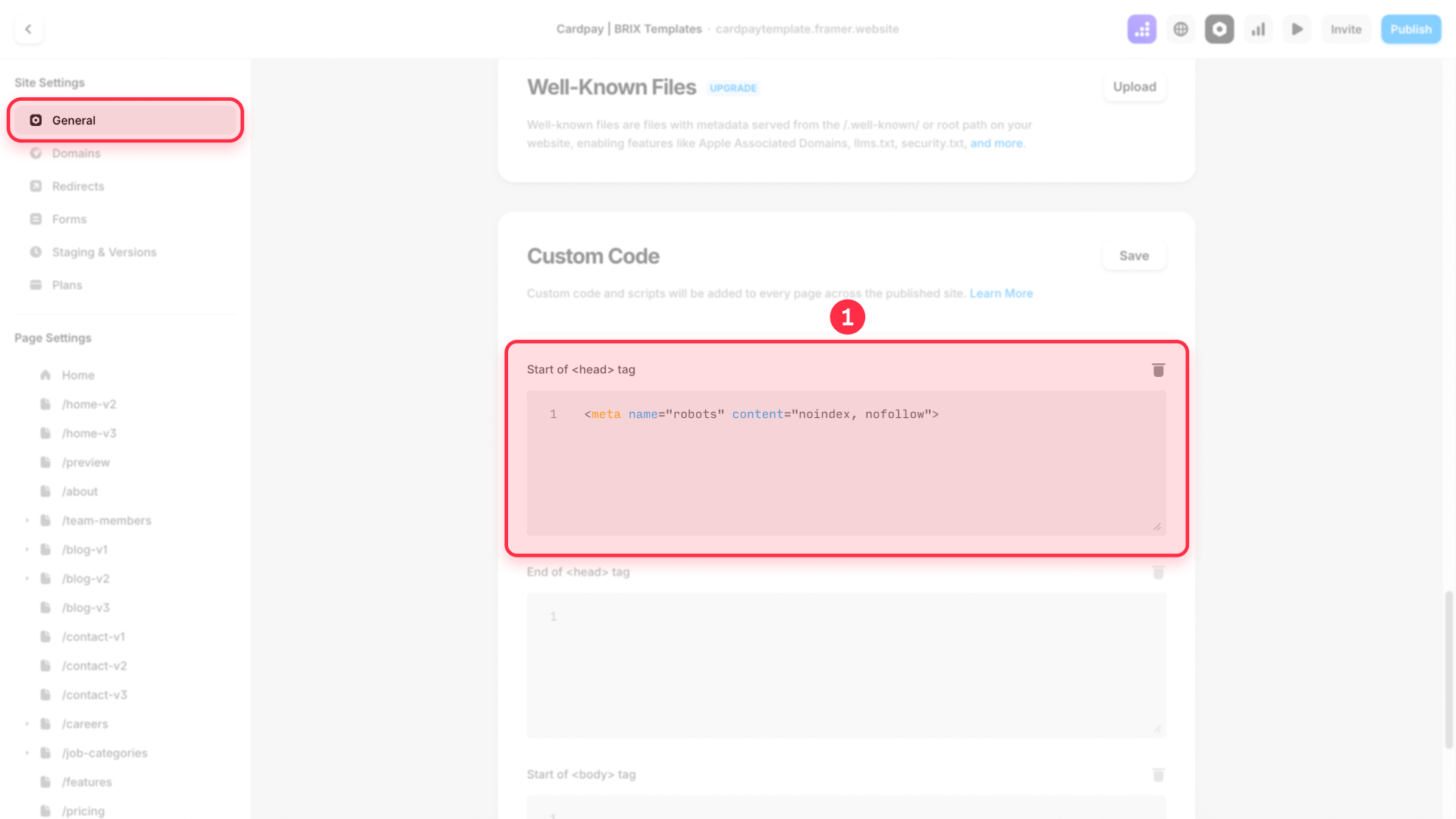 How to add global noindex with custom code in Framer