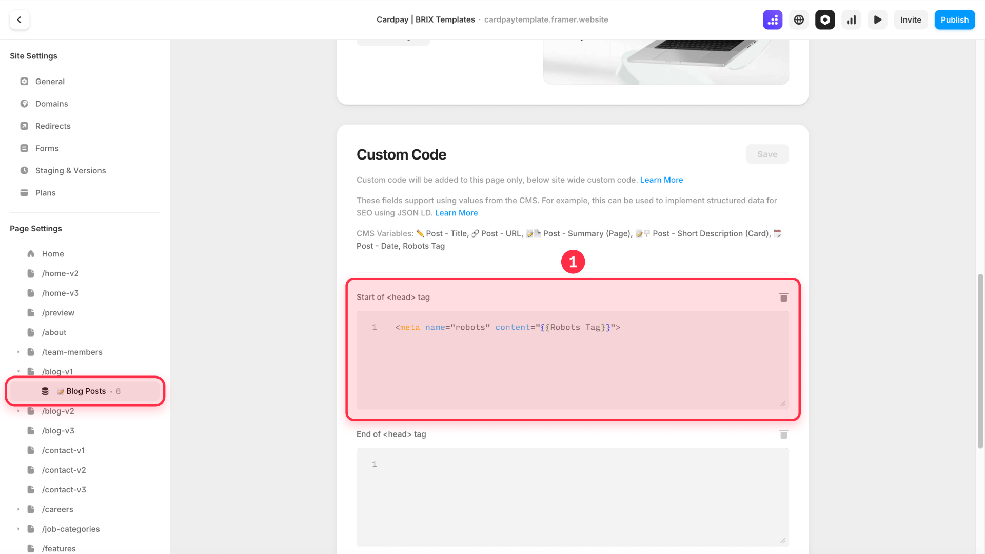 How to add meta robots code to Framer templates