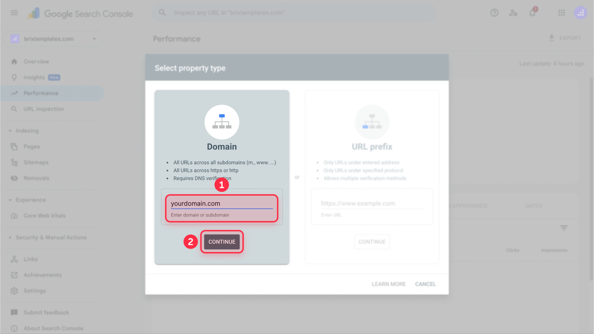 How to choose between a domain or URL prefix for your Framer site in Google Console