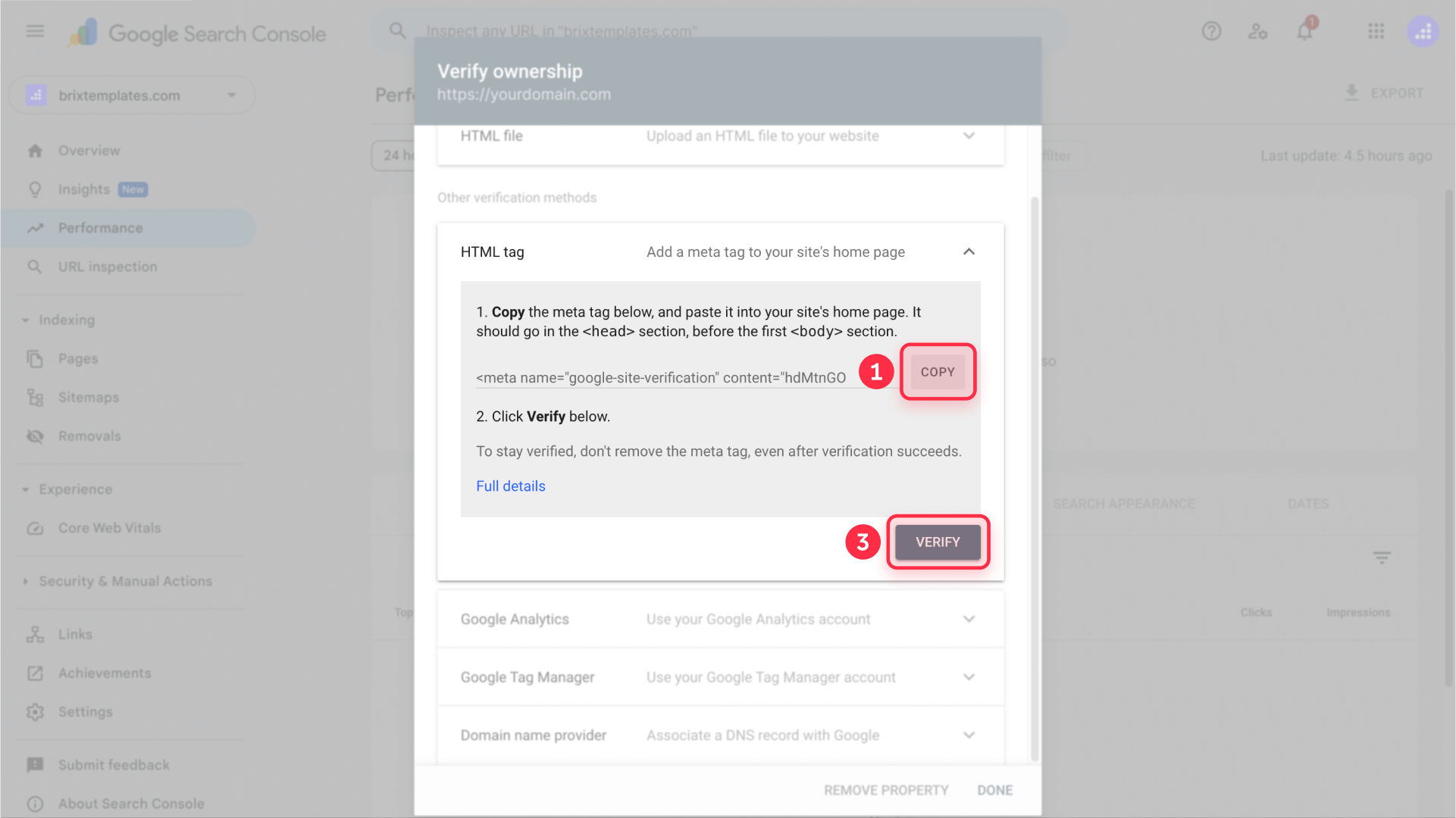 How to copy the meta tag for verification from Google Console for your Framer site