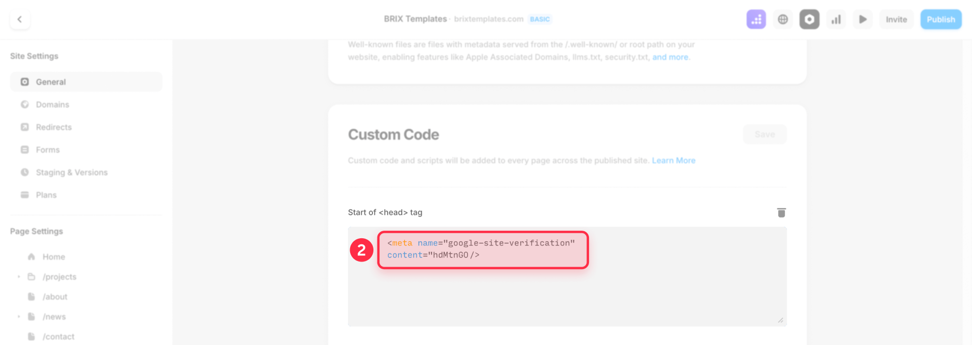 How to paste a meta tag into the custom code section for Framer verification