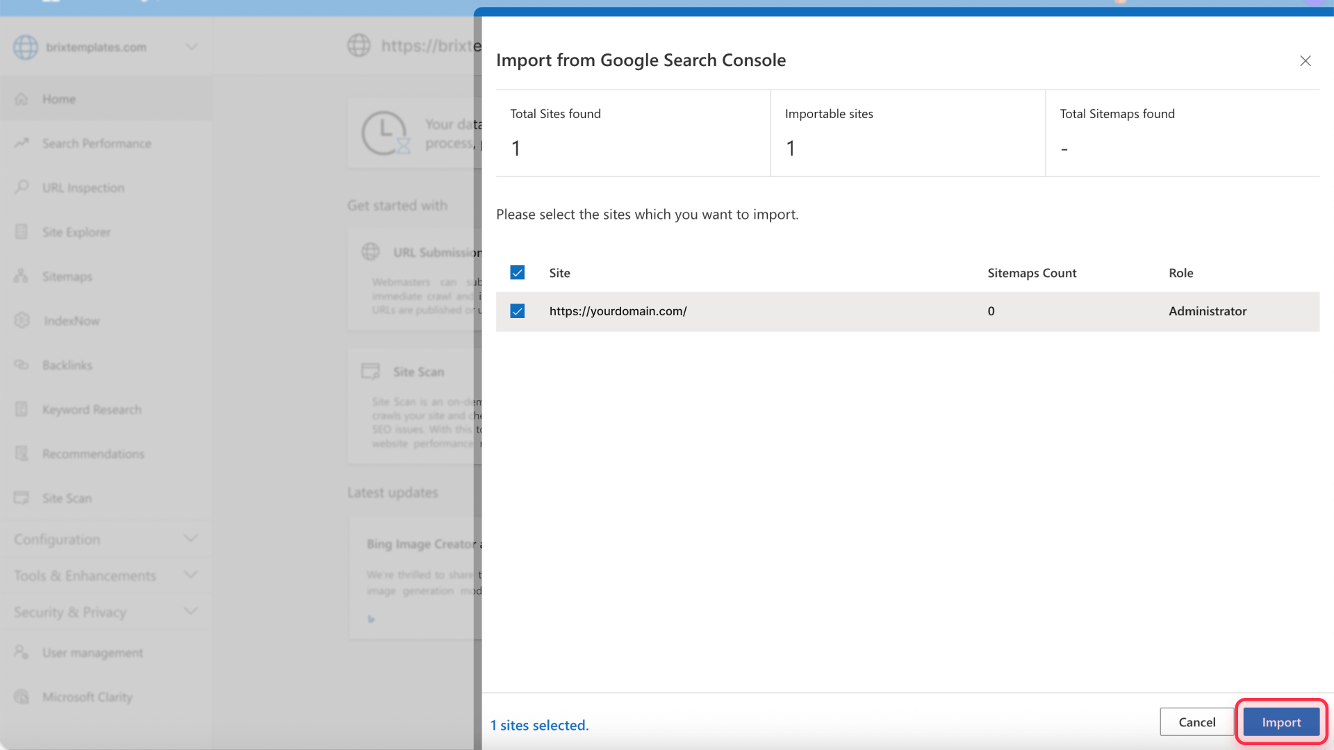 How to select your Framer site to import into Bing from GSC