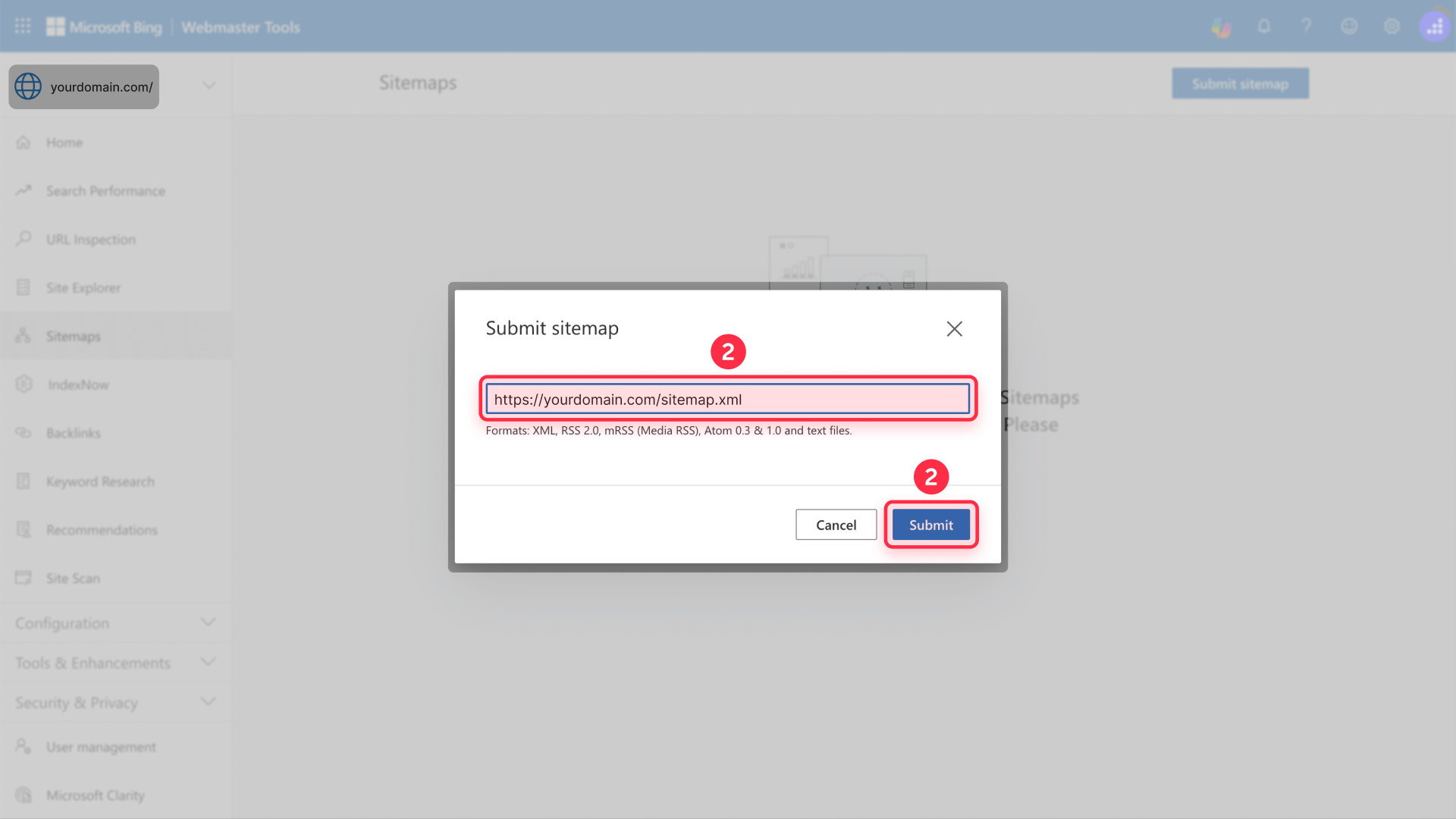 How to submit the sitemap path for Framer in Bing Webmaster Tools