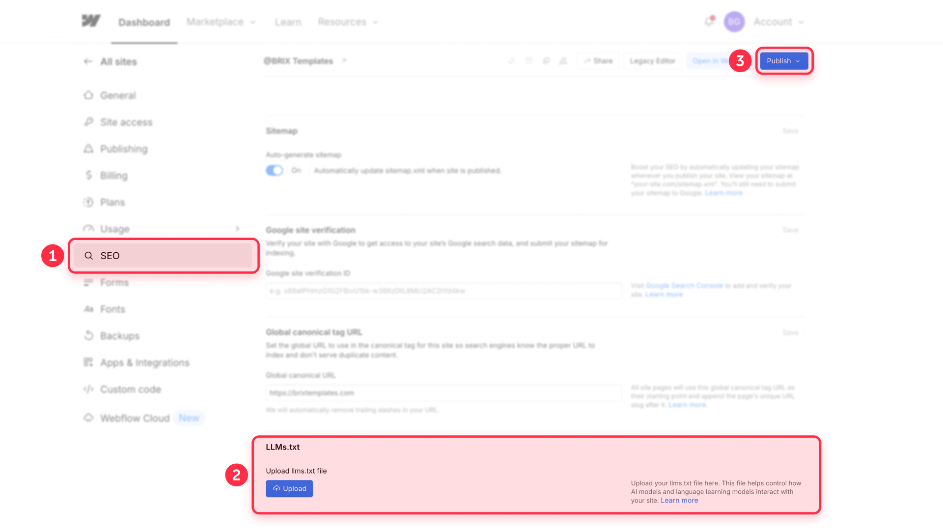 How to access SEO settings for LLMs.txt upload in Webflow