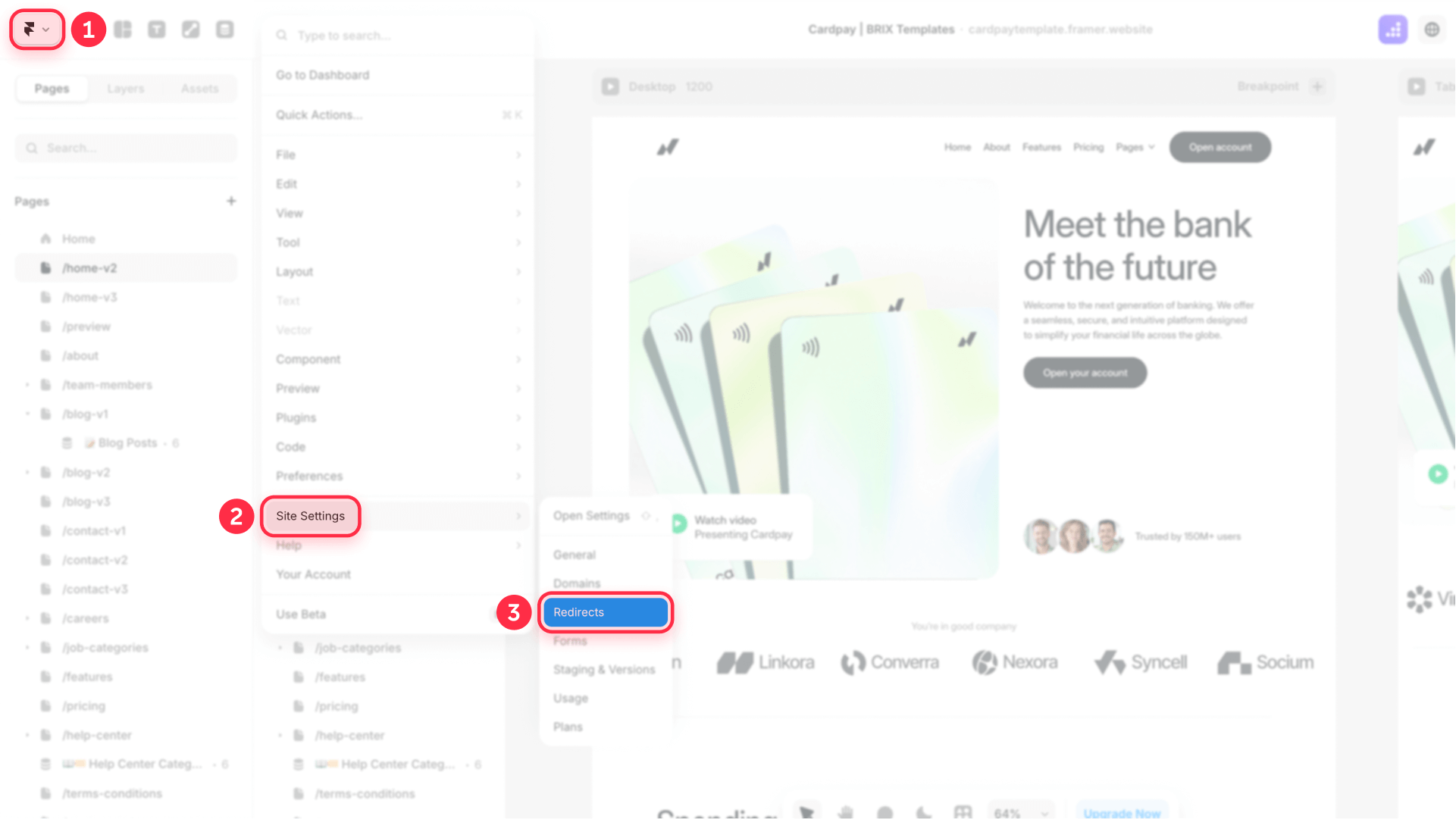 Where to Find Redirect Settings in Framer Site Settings