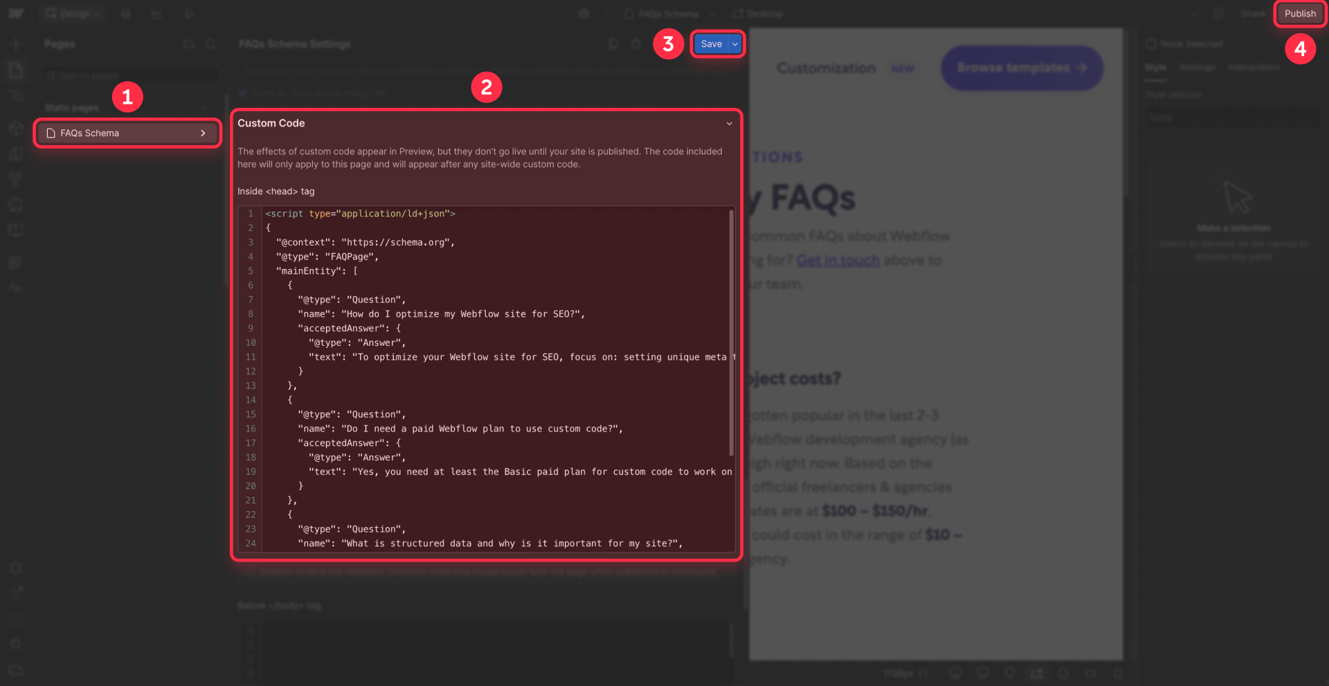 How to access custom code panel in Webflow page settings to implement static FAQ Schema