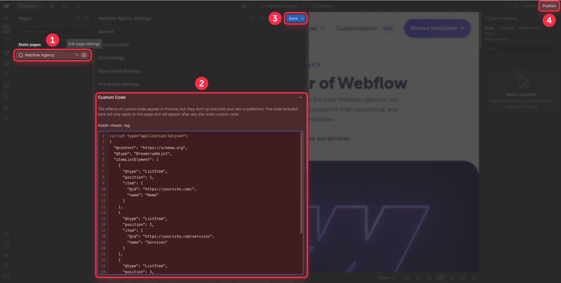 How to paste JSON-LD breadcrumb Schema code in page settings custom code in Webflow