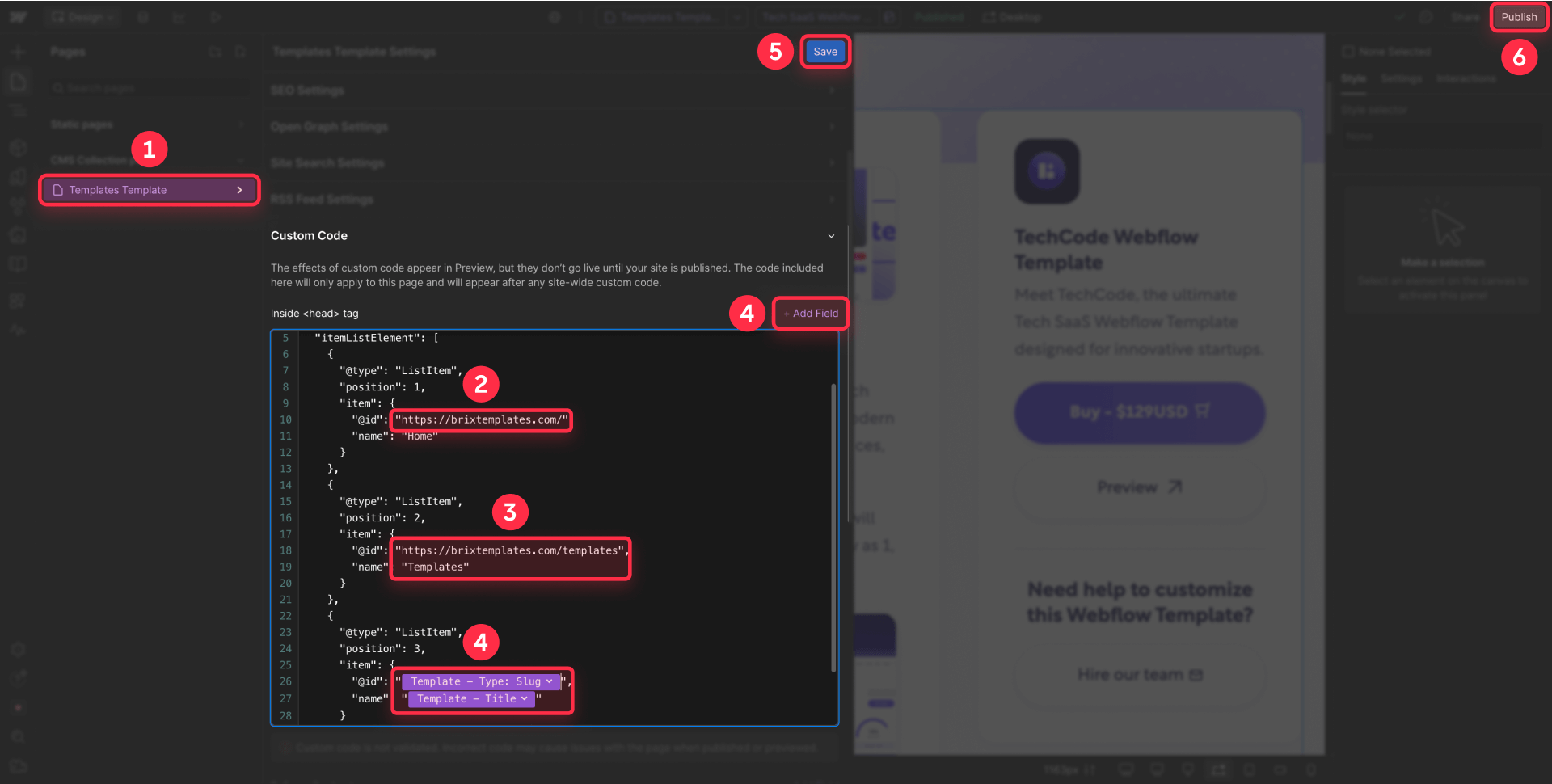 How to connect dynamic slug and title fields in collection template for breadcrumb Schema in Webflow