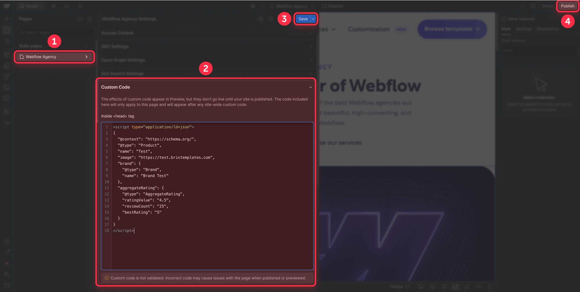 How to paste JSON-LD product reviews Schema code in page settings custom code Webflow