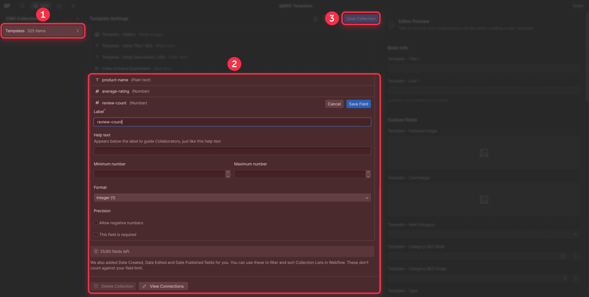 How to create review count number field in Webflow collection for dynamic reviews Schema