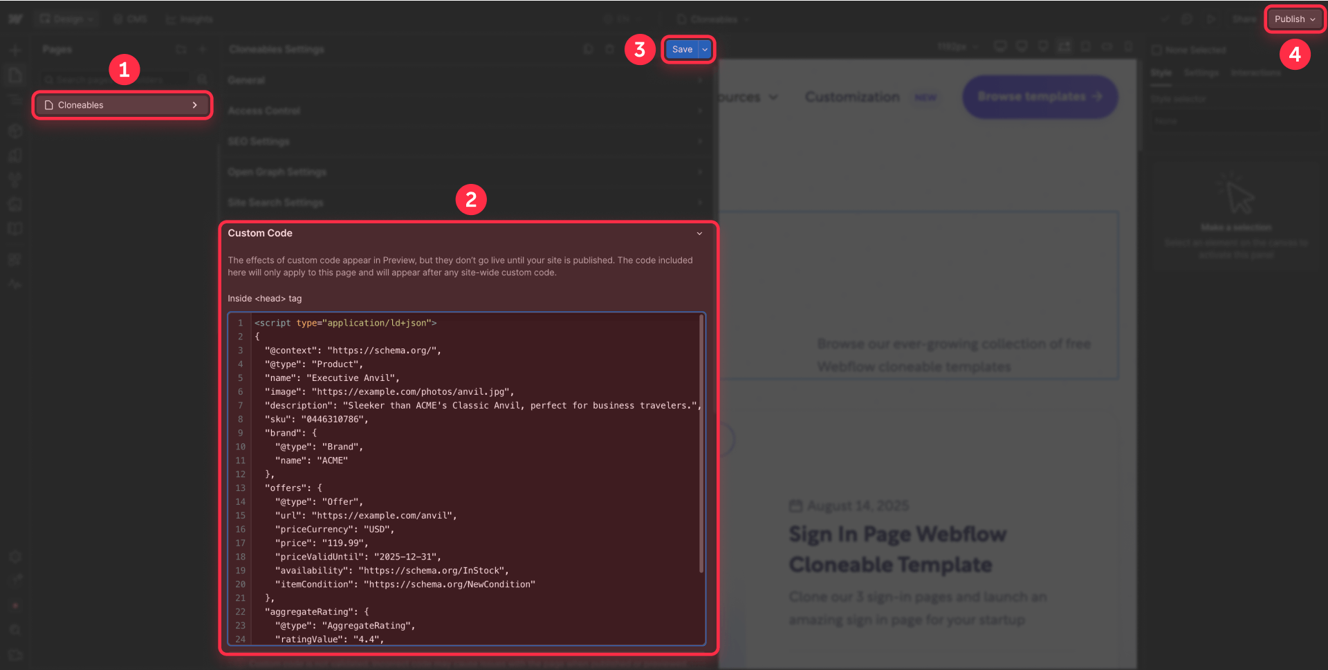 How To Paste Product Schema JSON LD In Webflow Page Settings Custom Code Section