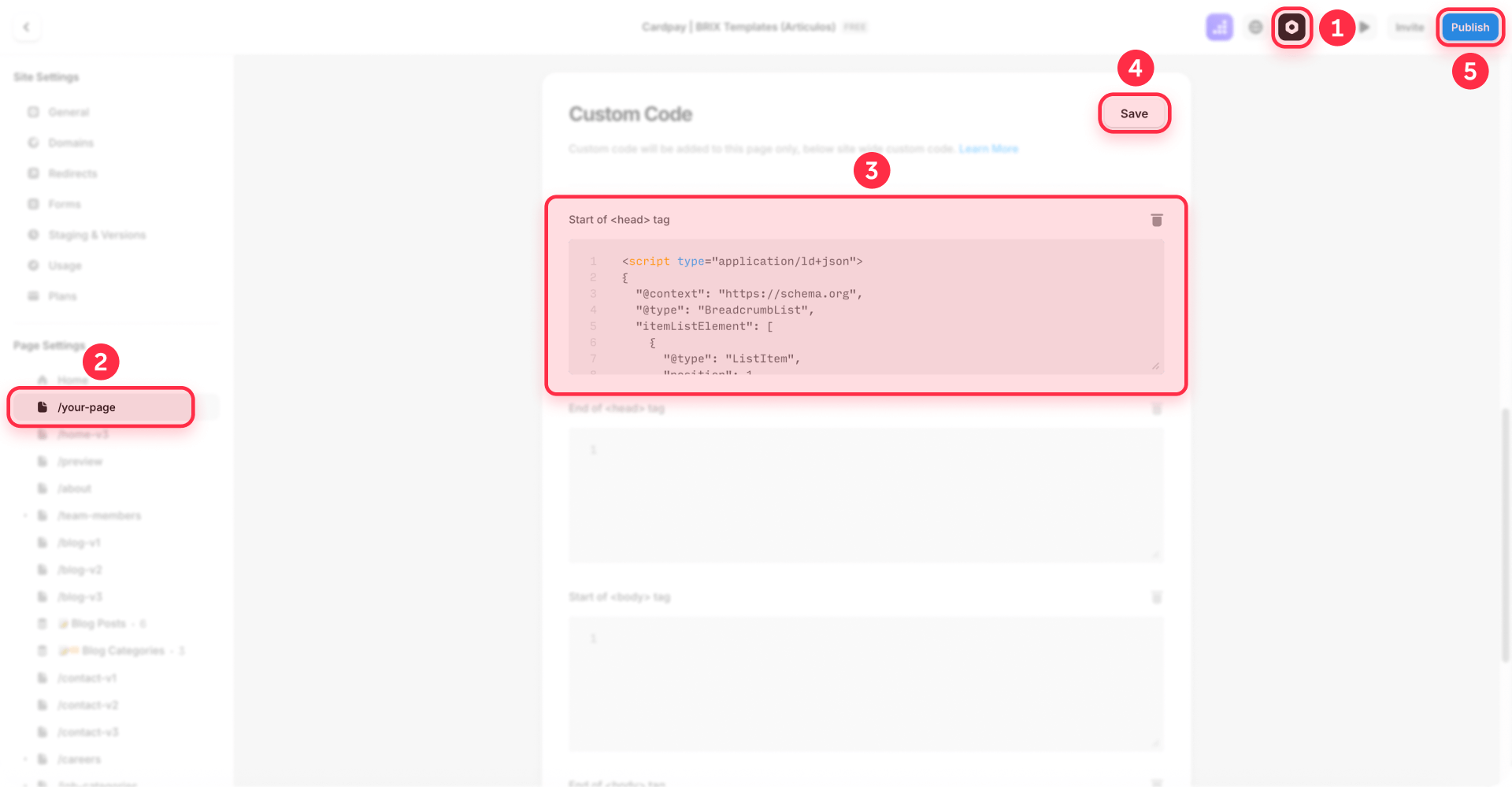How To Paste Breadcrumb Schema JSON LD In Framer Page Settings For Navigation Paths Google