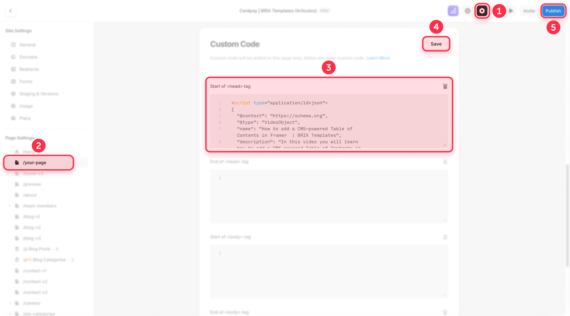 How To Paste Video Schema JSON LD In Framer Page Settings