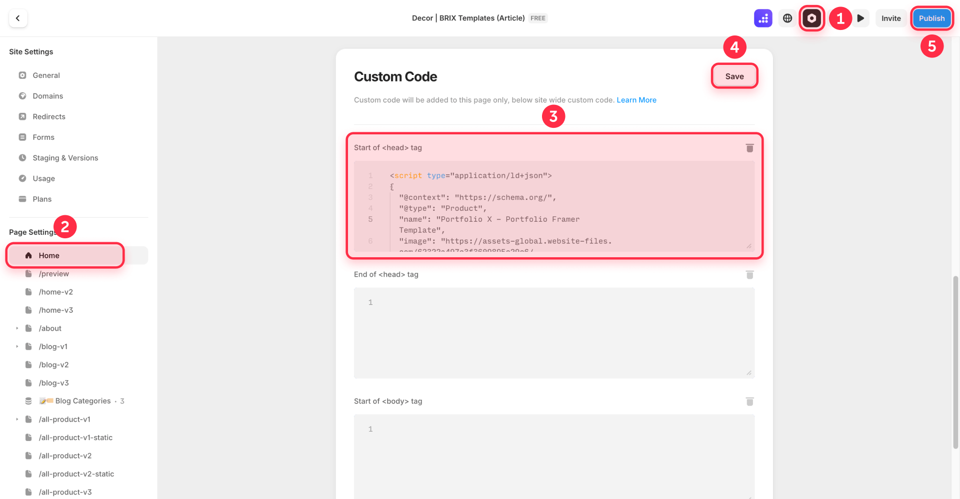 How To Paste Product Schema JSON LD In Framer Page Settings