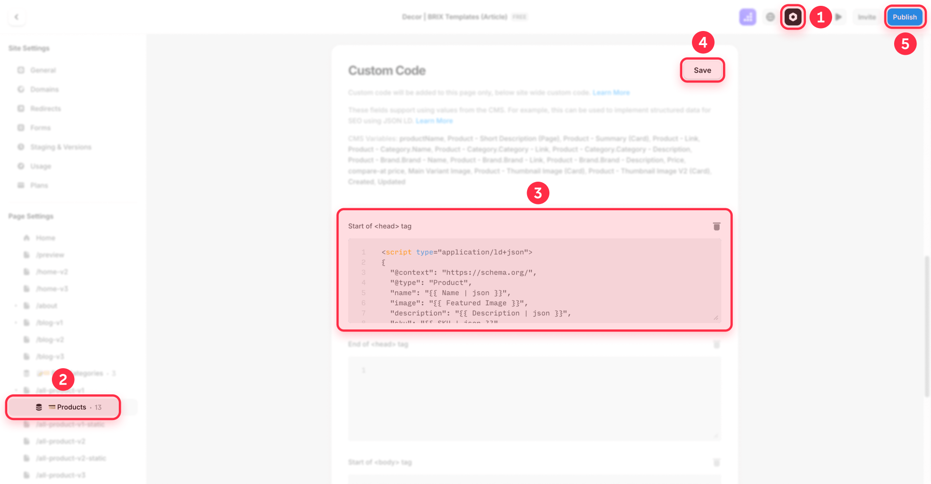 Where To Insert Product Schema Template Using CMS Variables For Products Collections