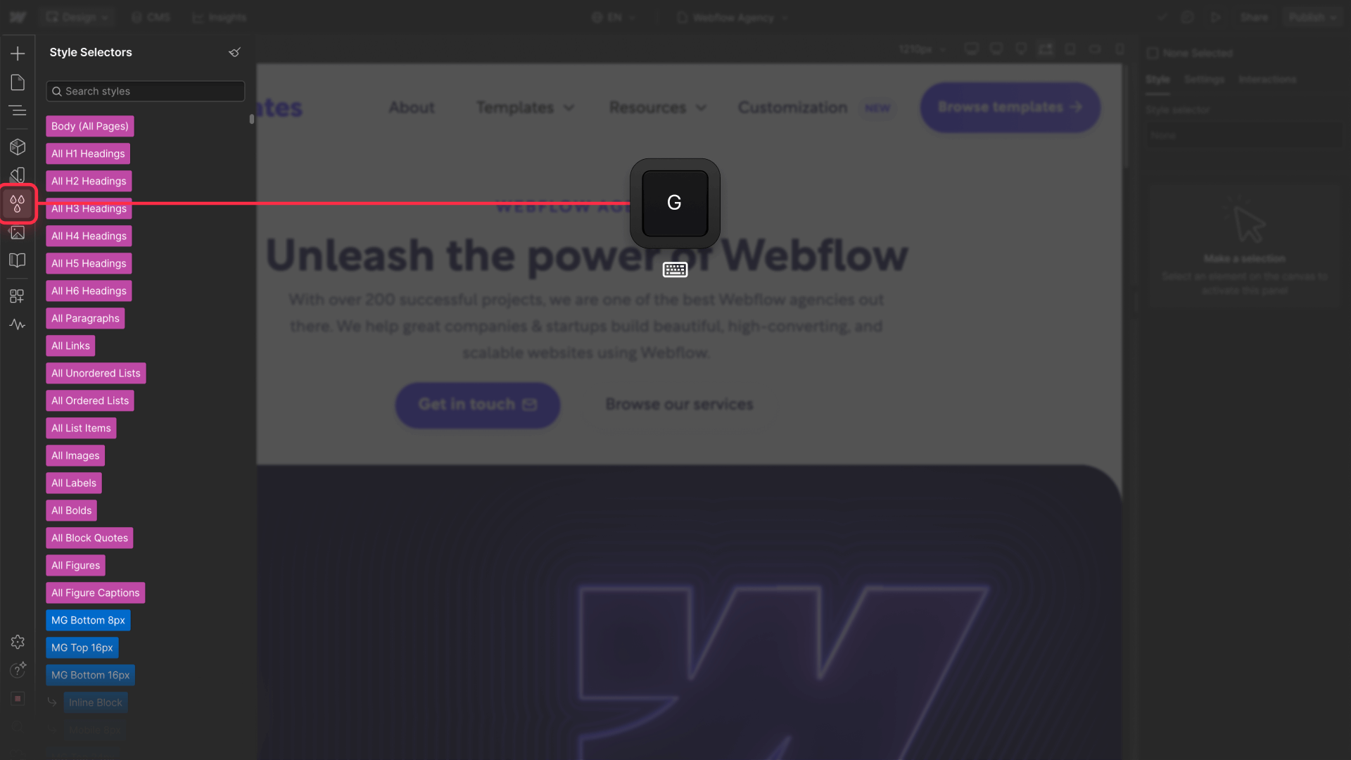 How To Access Style Selectors Panel Pressing G Key On Webflow Designer