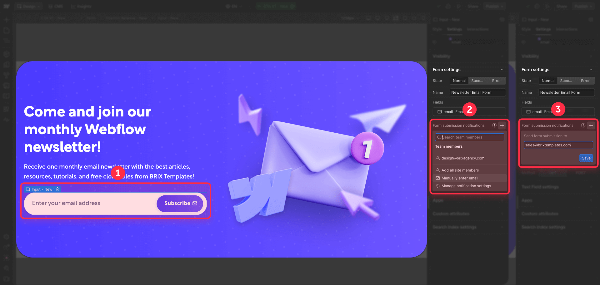 How To Add Multiple Emails Form Notifications Settings Webflow Designer