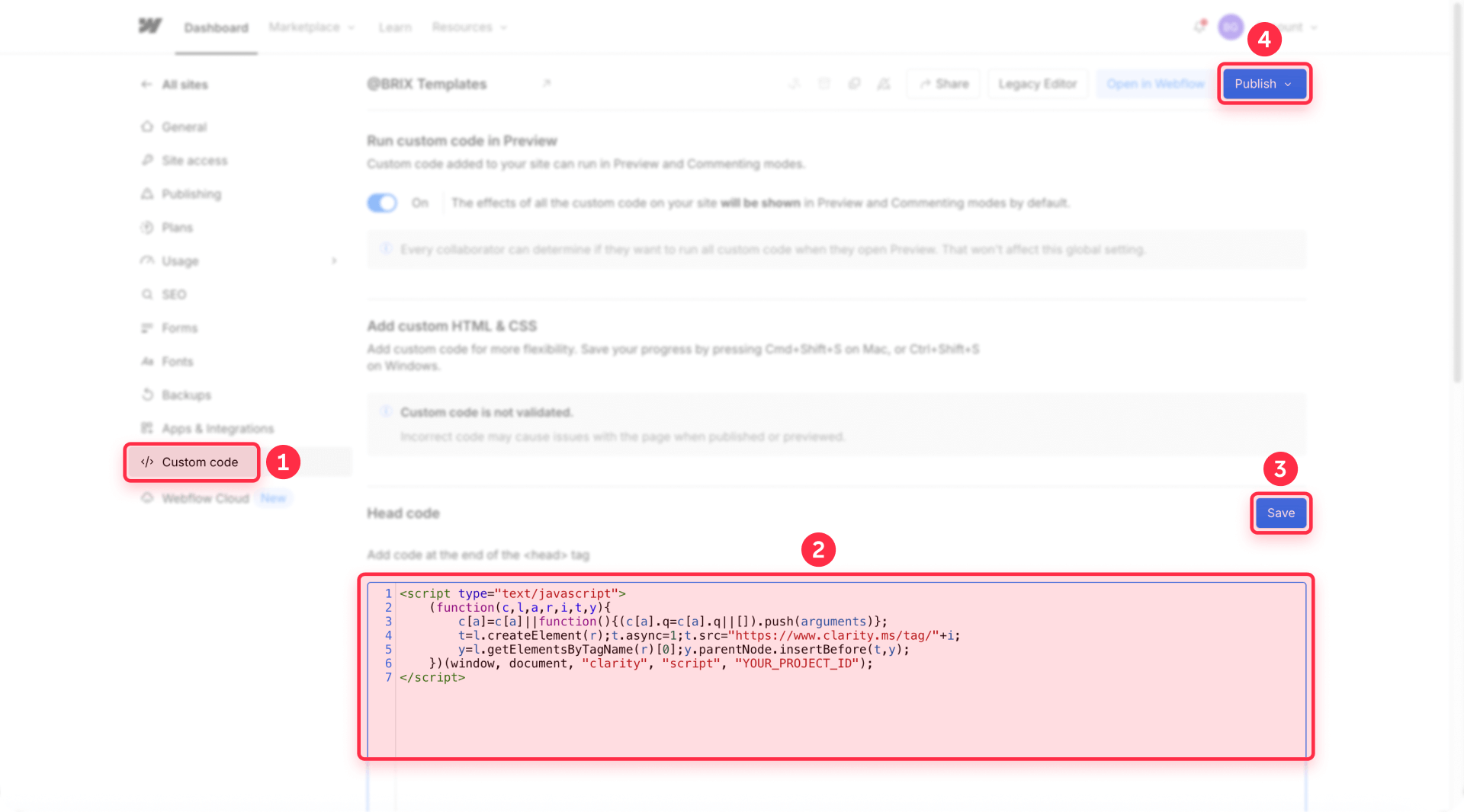 How To Paste Clarity Code Head Code Webflow