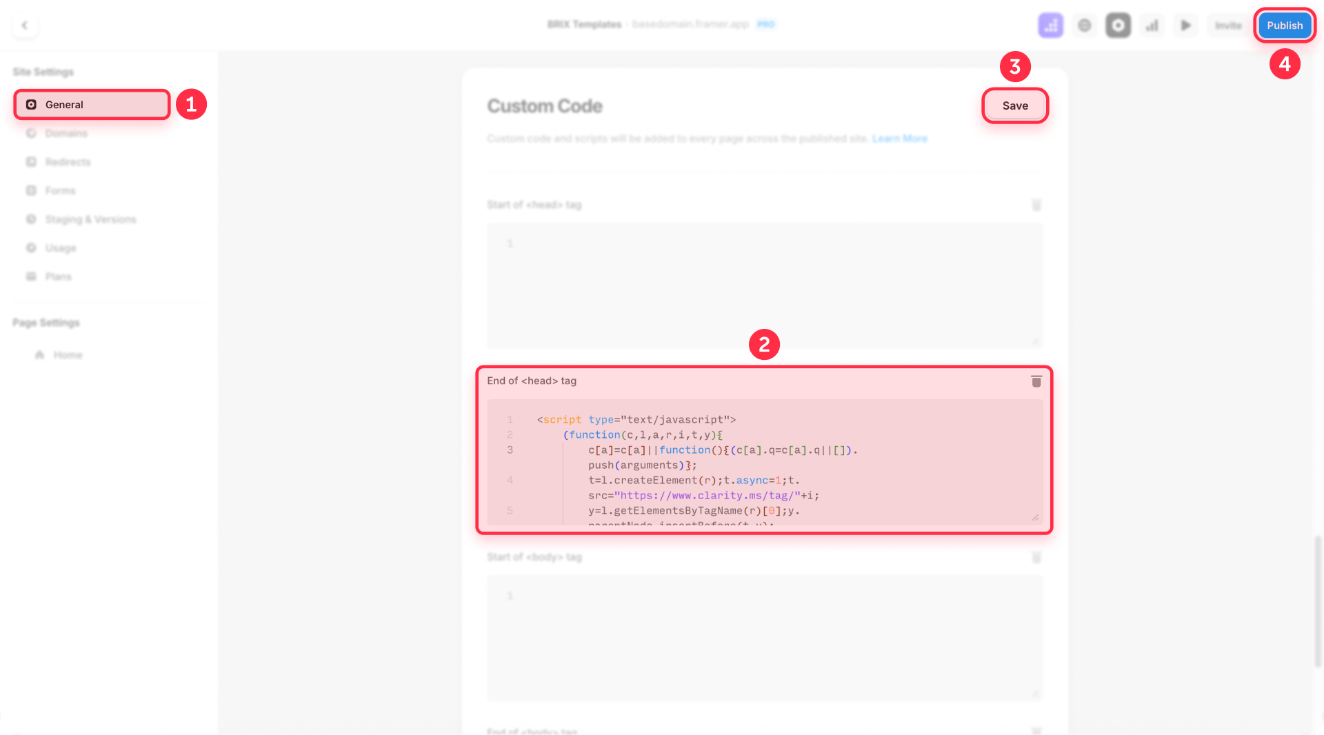 How To Paste Clarity Code End Head Tag Framer